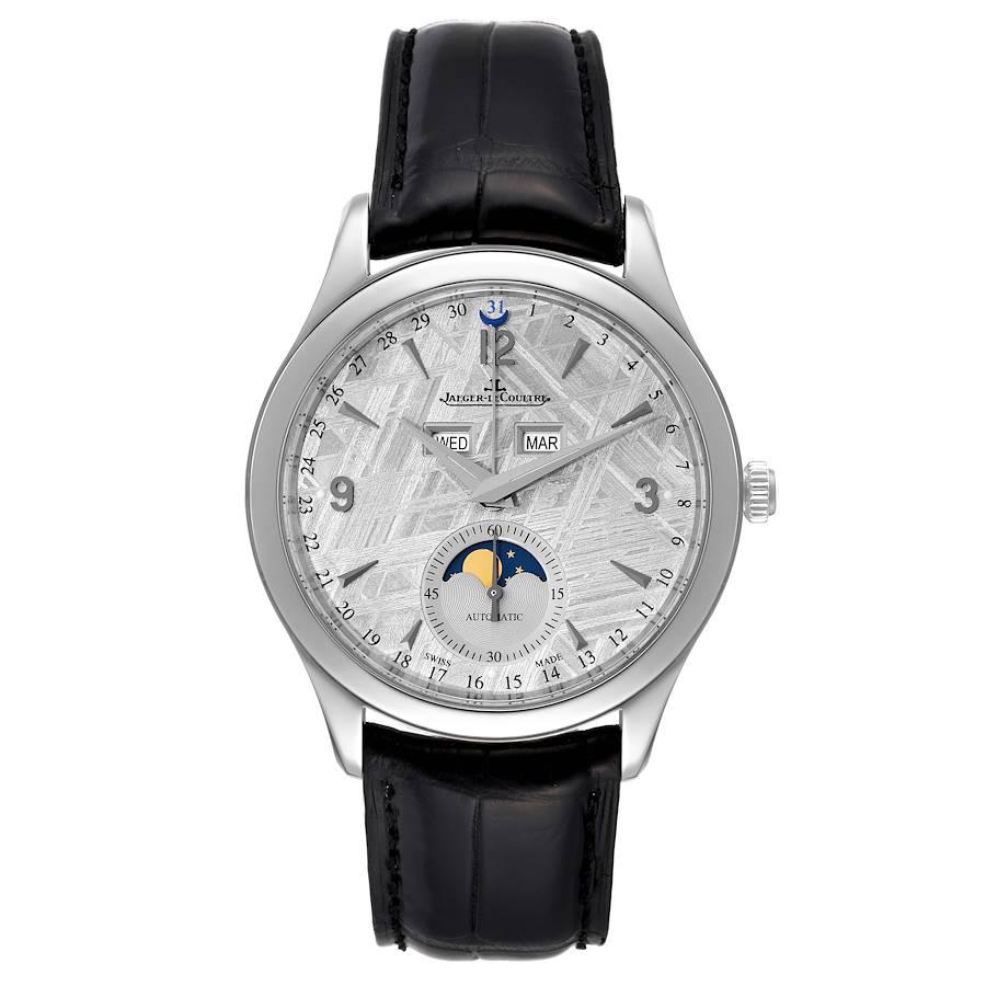 Jaeger LeCoultre Master Calendar Meteorite Dial Steel Mens Watch Q1558421. Self-winding automatic movement. Stainless steel case 39.0 mm in diameter. Case thickness: 10.6 mm. Concave lugs. Stainless steel smooth bezel. Scratch resistant sapphire