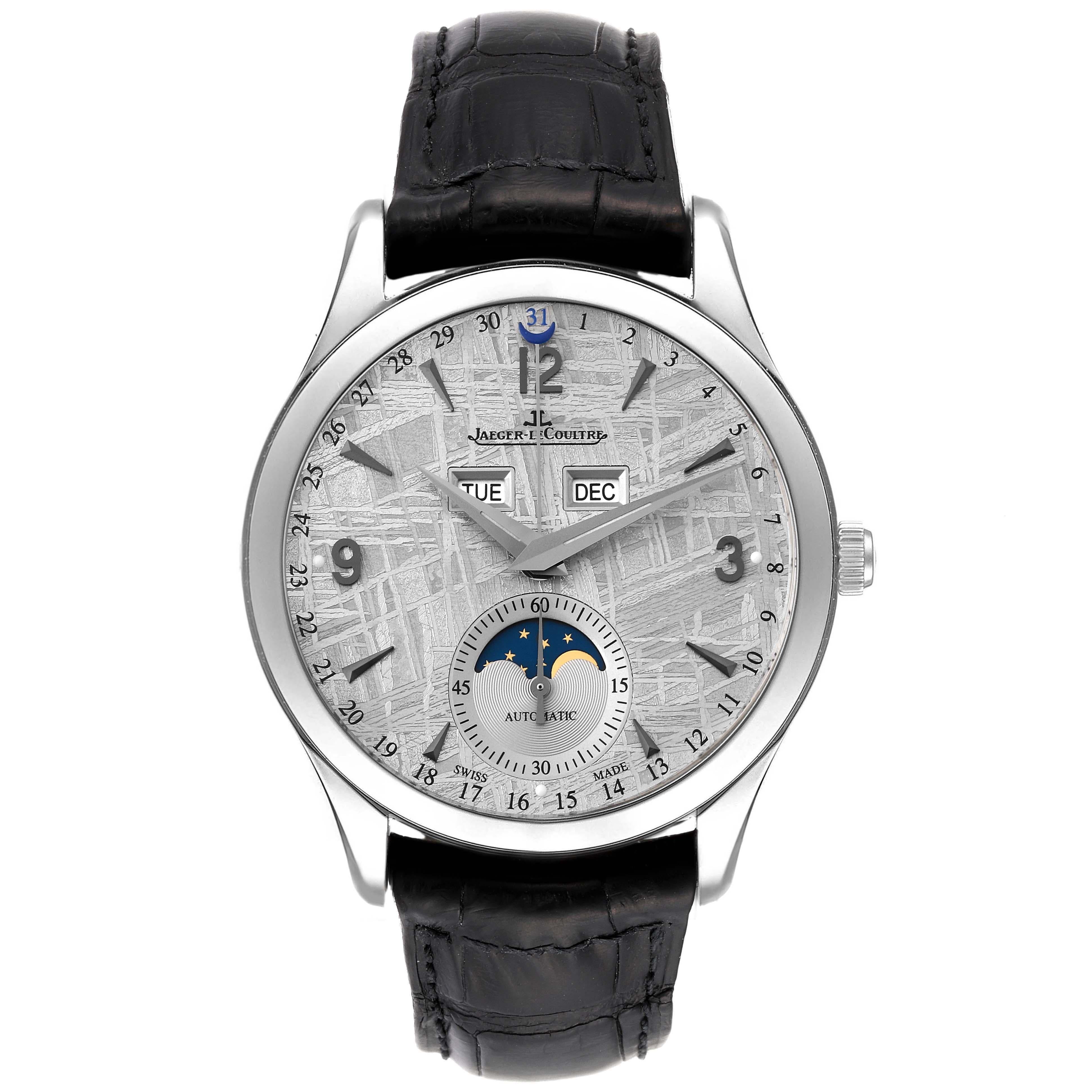 Jaeger LeCoultre Master Calendar Meteorite Dial Steel Mens Watch Q1558421. Self-winding automatic movement. Stainless steel case 39.0 mm in diameter. Case thickness: 10.6 mm. Concave lugs. Transparent exhibition sapphire crystal case back. Stainless
