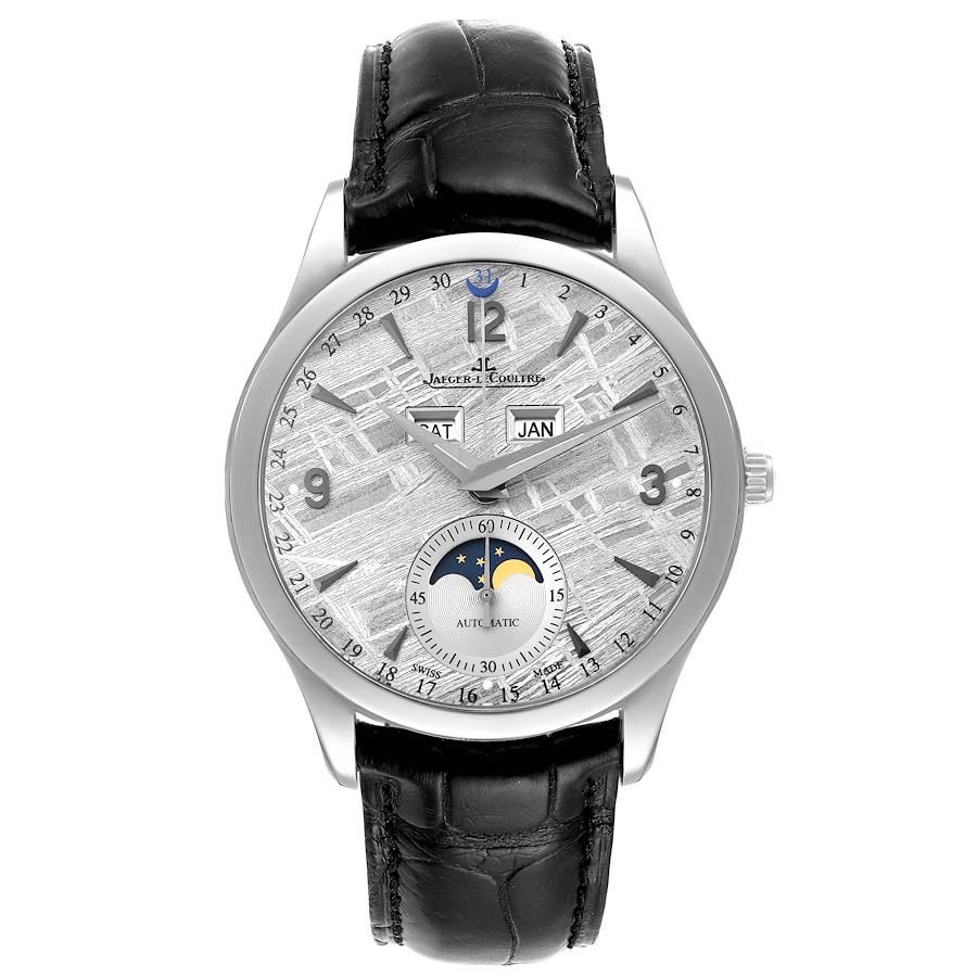 Jaeger Lecoultre Master Calendar Meteorite Steel Mens Watch 176.8.12.S Q1558421 Papers. Self-winding automatic movement. Stainless steel case 39.0 mm in diameter. Case thickness: 10.6 mm. Concave lugs. Stainless steel smooth bezel. Scratch resistant