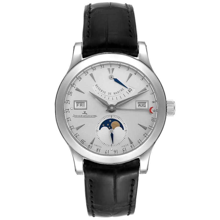 Jaeger Lecoultre Master Calendar Moonphase Mens Watch 147.8.41.S. Automatic self-winding movement. Full Calendar, Moon Phase, Month, Date, Day, Hour, Minute, Small Second. Stainless steel case 39 mm in diameter. Exhibition sapphire crystal case