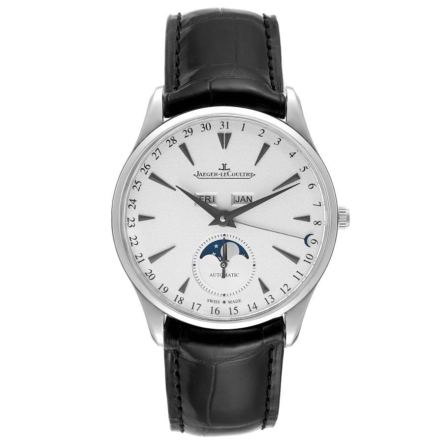 Jaeger Lecoultre Master Calendar White Gold Watch Q1263520 176.3.98.S Card. Self-winding automatic movement. 18k white gold case 39.0 mm in diameter. Case thickness: 9.9 mm. Concave lugs. 18k white gold smooth bezel. Scratch resistant sapphire