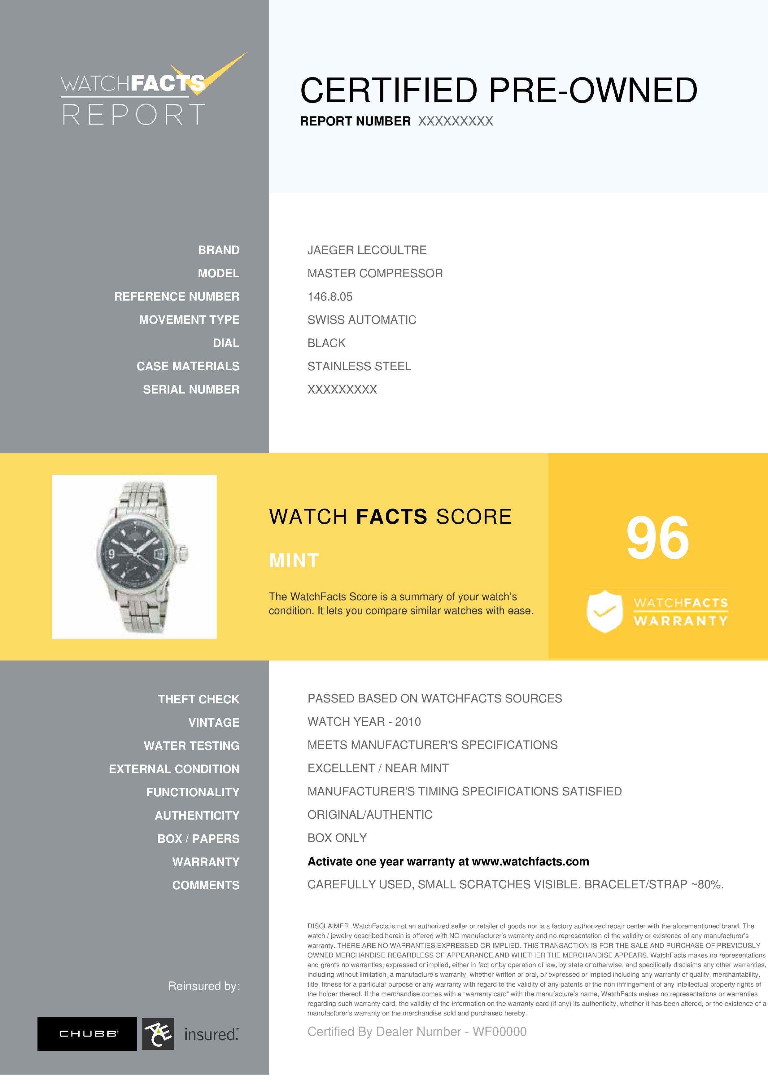 Jaeger LeCoultre Master Compressor Reference #: 146.8.05. Mens Swiss Automatic Watch Stainless Steel Black 41 MM. Verified and Certified by WatchFacts. 1 year warranty offered by WatchFacts.