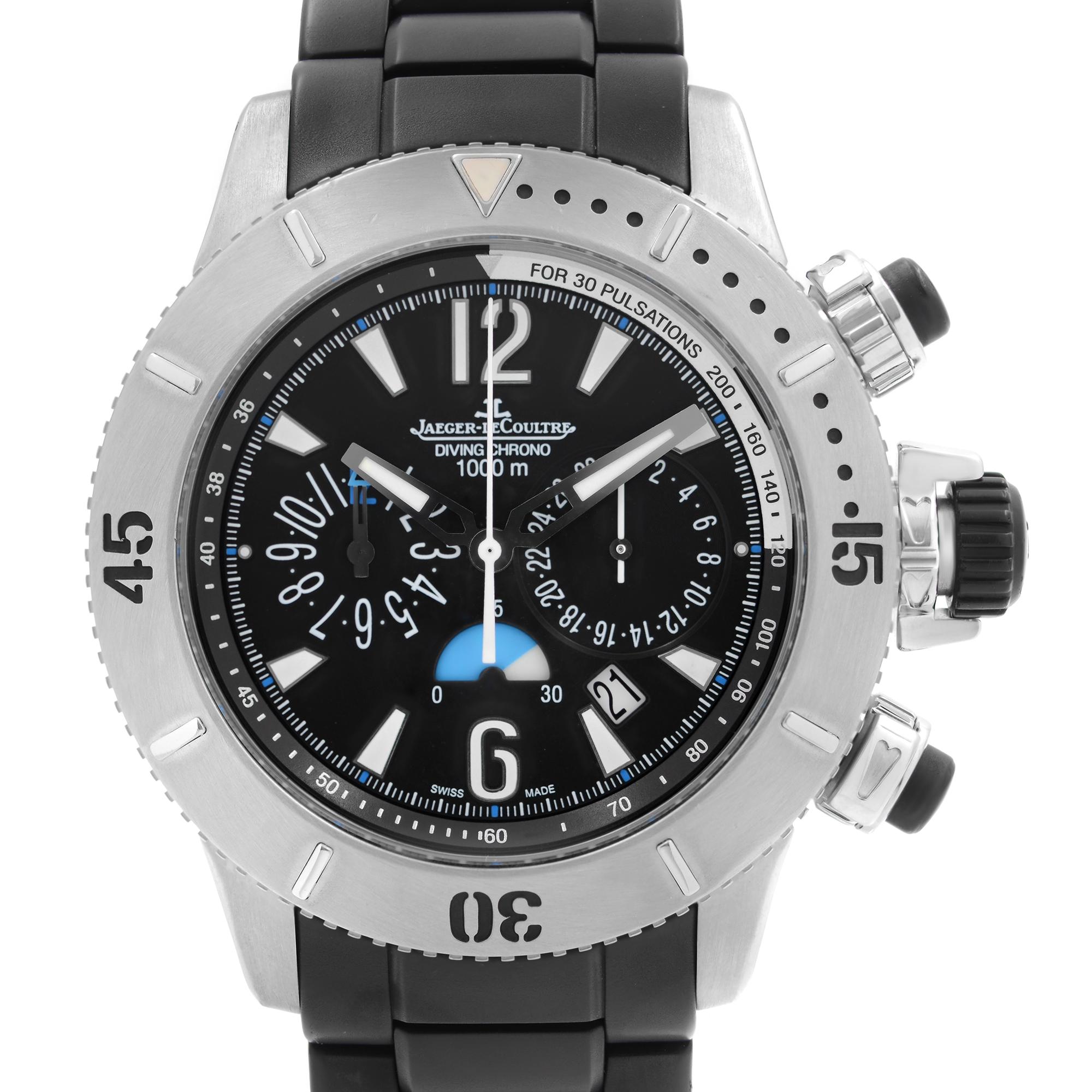 Pre-owned Jaeger LeCoultre Master Compressor 44mm Titanium Black Dial Automatic Men's Watch 160.T.25. The Watch Bezel Shows Minor Dents and Scratches. No Original Box and Papers are Included. Comes with Chronostore Presentation Box and Authenticity