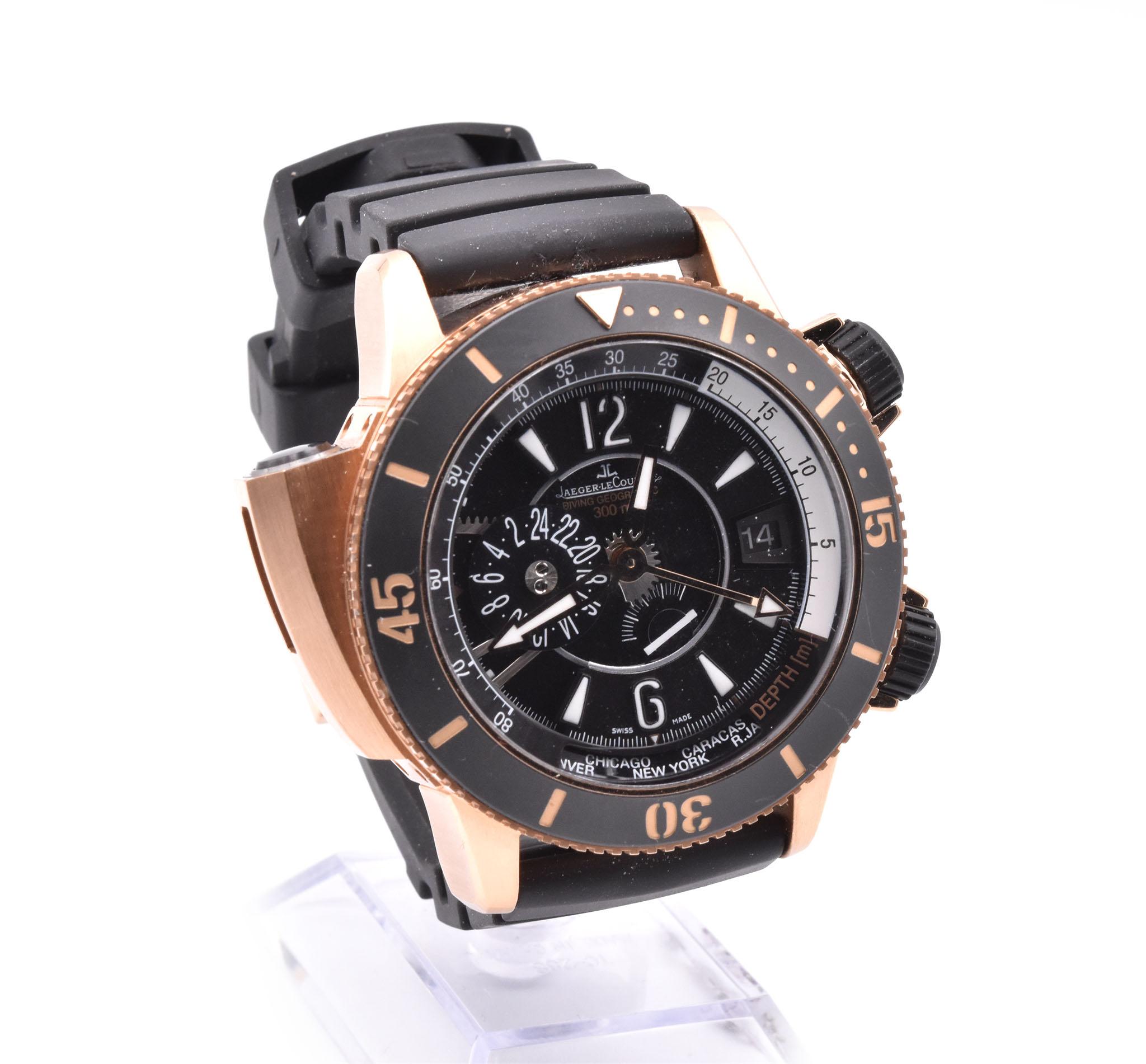 Movement: Mechanical, Automatic 
Function: hours, minutes, seconds, date 
Case: 46mm 18k rose gold circular case, sapphire crystal, push/pull crown
Dial: black dial, luminescent hands, stick hour markers
Band: black rubber strap with 18k rose gold