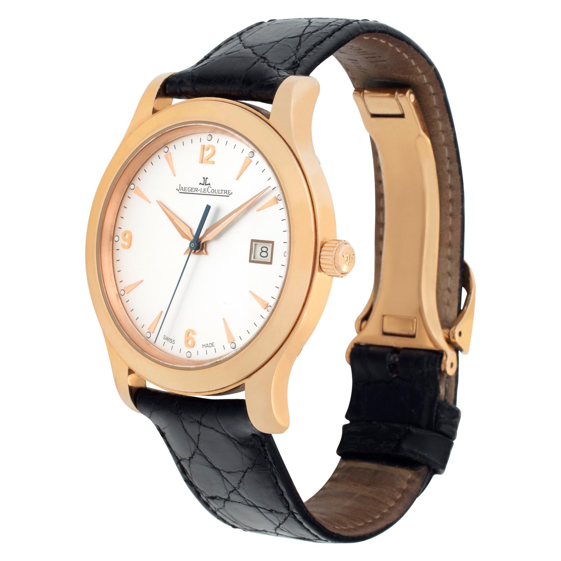 Jaeger LeCoultre Master Control in 18k rose gold & black crocodile strap with 18k rose gold deployant buckle. Auto w/ sweep seconds and date. 40 mm case size. With box. Ref 147.2.37.S. Fine Pre-owned Jaeger LeCoultre Watch. Certified preowned