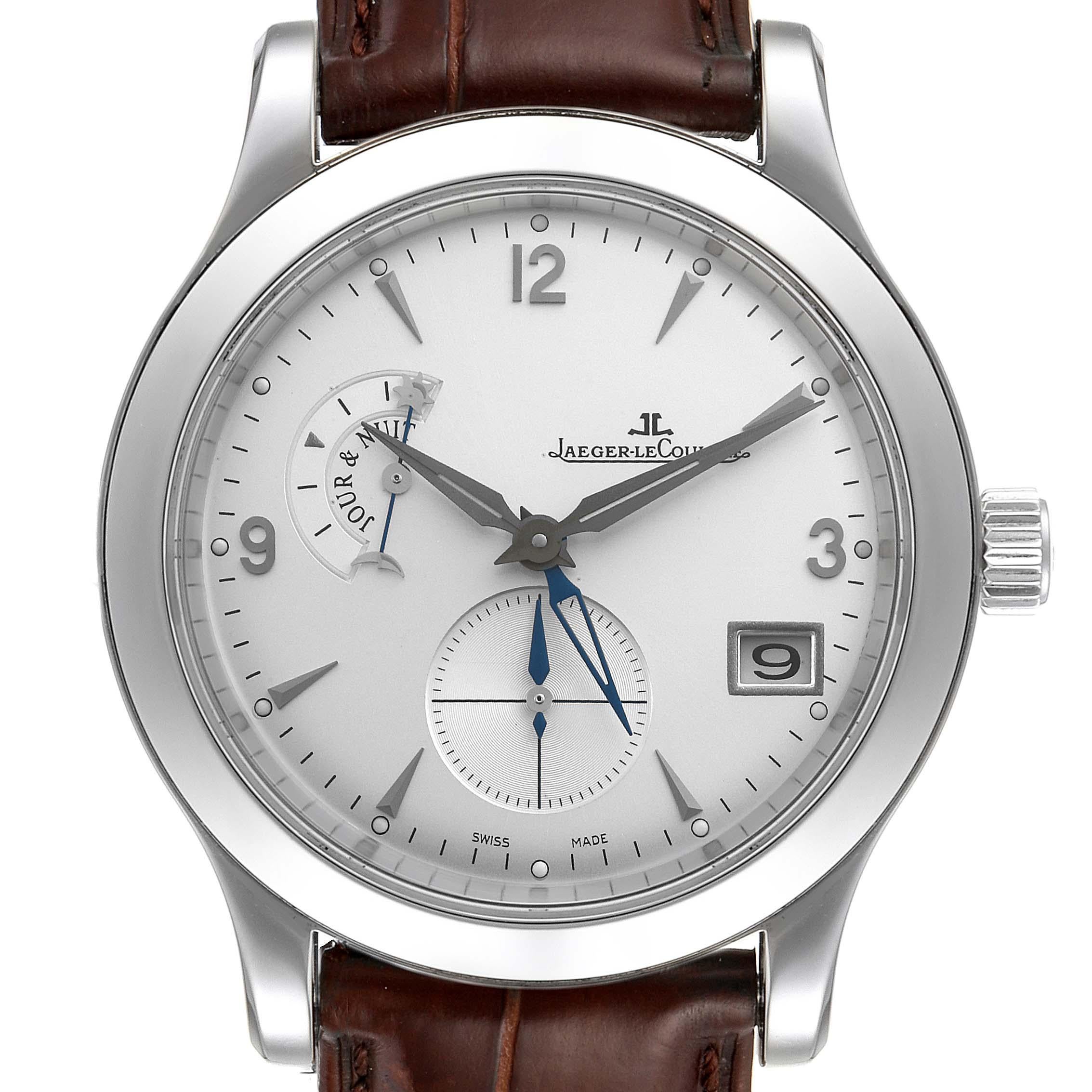 Jaeger Lecoultre Master Control Hometime Mens Watch 147.8.05.S Q1628420. Self-winding automatic movement. Stainless steel case 40.0 mm in diameter. Exhibition case back. Concave lugs. Stainless steel smooth bezel. Scratch resistant sapphire crystal.