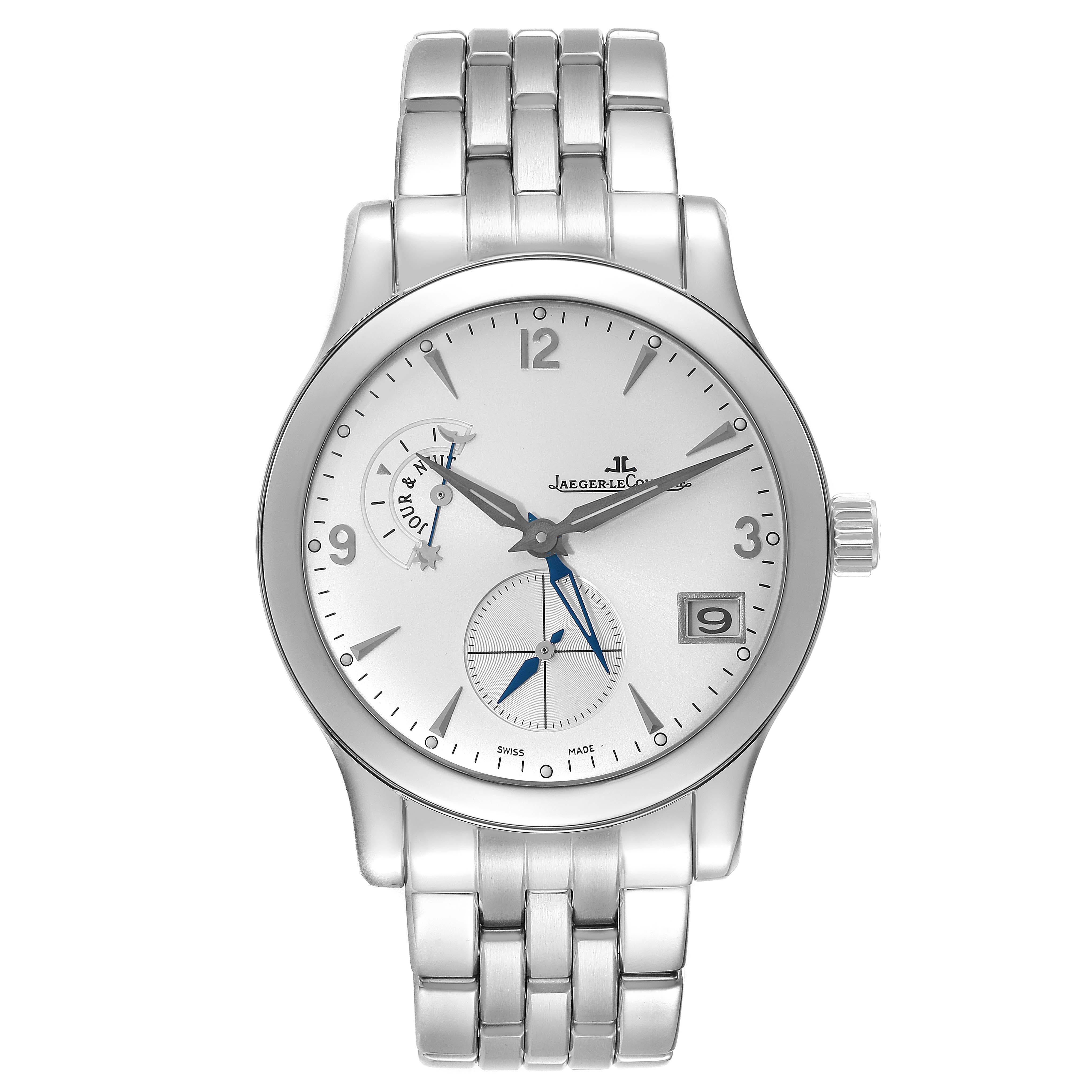 Jaeger LeCoultre Master Control Hometime Steel Mens Watch 147.8.05.S Q1628420. Self-winding automatic movement. Stainless steel case 40.0 mm in diameter. Transparent exhibition sapphire crystal case back. Concave lugs. Stainless steel smooth bezel.