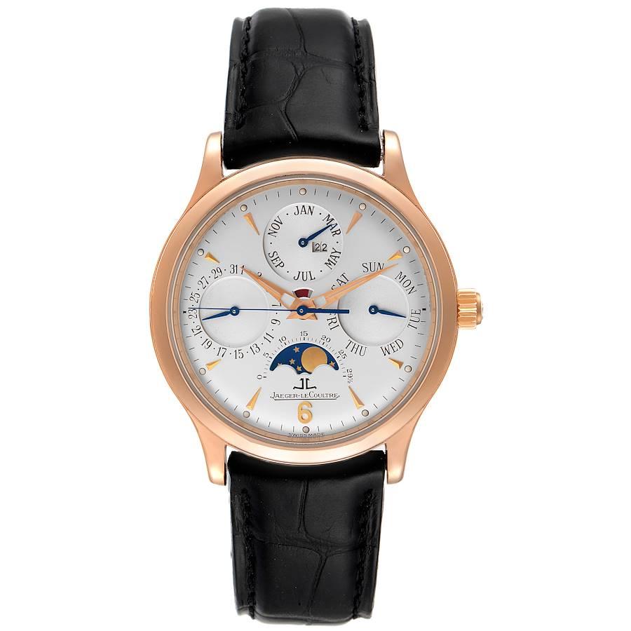 Jaeger Lecoultre Master Control Perpetual Calendar Rose Gold Watch 140.2.80. Self-winding automatic movement. 18k rose gold case 38.0 mm in diameter. Concave lugs. 18k rose gold smooth bezel. Scratch resistant sapphire crystal. Silver dial with rose