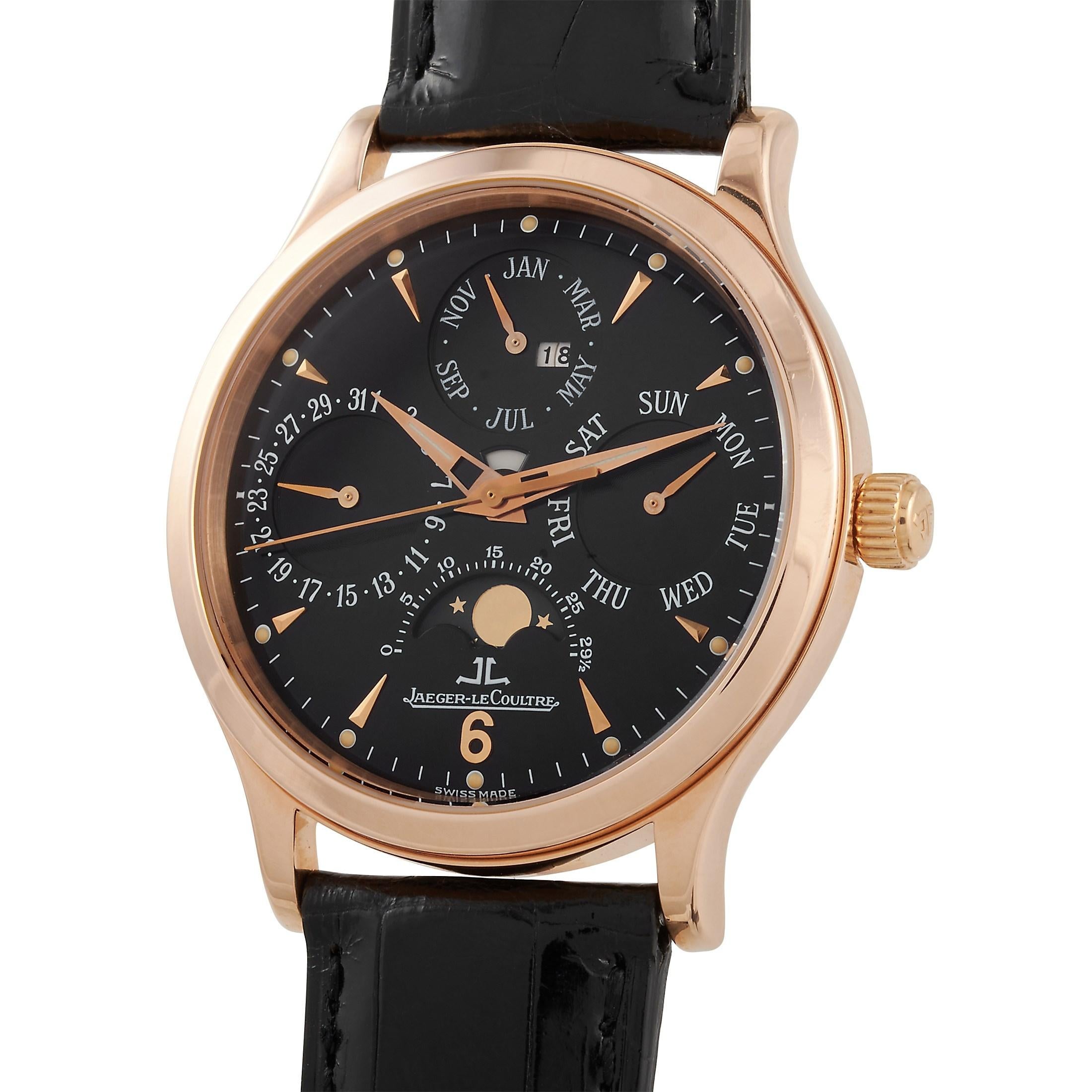 This Jaeger-LeCoultre Master Control Perpetual Calendar Rose Gold Watch, reference number 140.2.80, features an 18K Rose Gold case measuring 37 mm in diameter. It is presented on black leather strap with deployment closure. The transparent case back