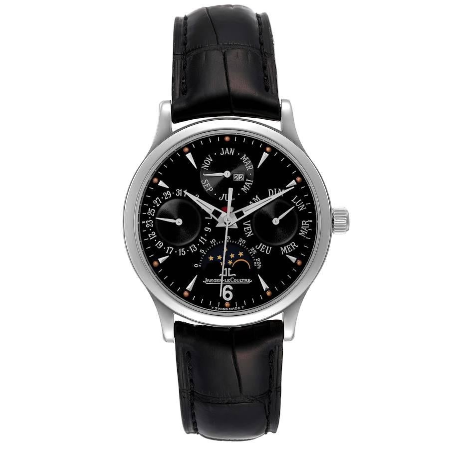 Jaeger LeCoultre Master Control Perpetual Calendar Steel Mens Watch 140.8.80.S. Self-winding automatic movement. Stainless steel case 37.0 mm in diameter. Concave lugs. Stainless steel smooth bezel. Scratch resistant sapphire crystal. Black dial