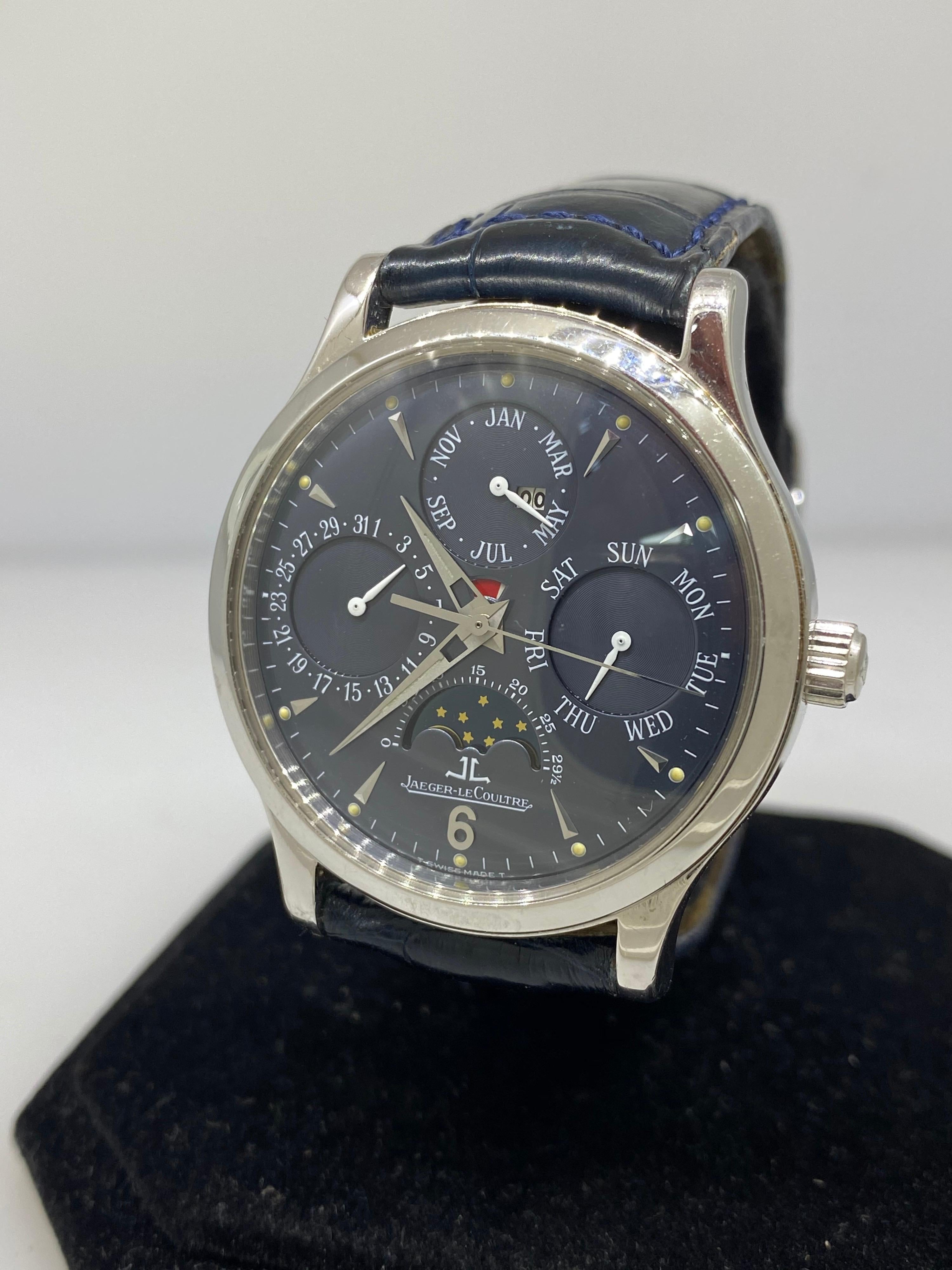 Jaeger LeCoultre Master Control Perpetual Calendar Men's Watch

Model Number: 140.6.80

Limited Edition to 250 Pieces

100% Authentic

Preowned in excellent condition

Comes with a generic watch box

Platinum Case

Charcoal Dial

Functions: