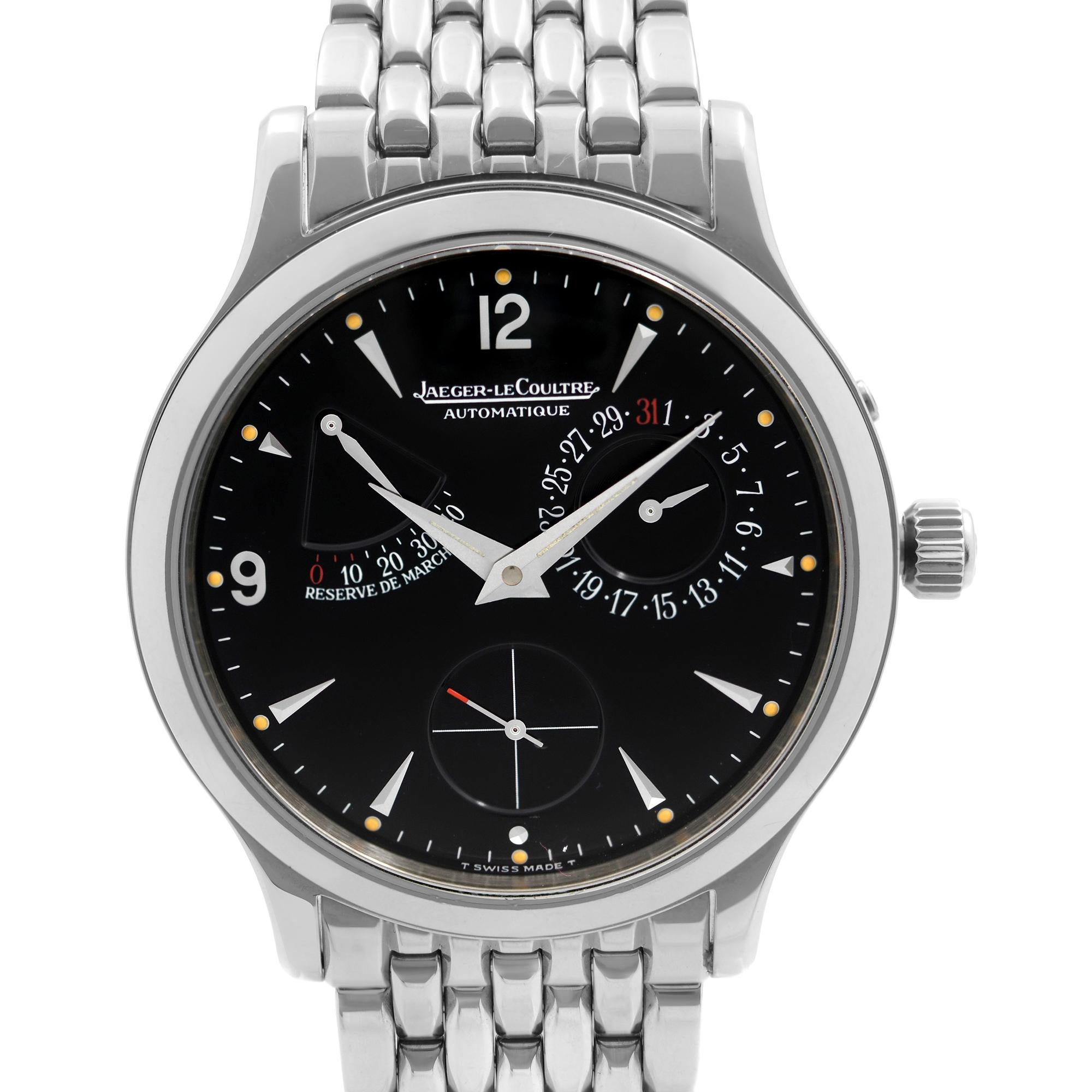 Pre-Owned Jaeger-LeCoultre Master Control Réserve de Marche Steel Black Dial Automatic Men's 140.8.93.S. This Beautiful Timepiece Features: Stainless Steel Case and Bracelet. Fixed Steel Bezel, Black Dial with Silver-Tone Luminous Hands, And Index