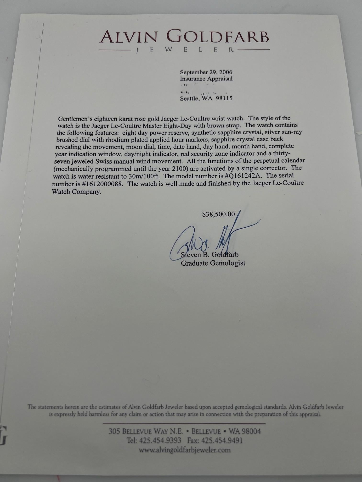 Jaeger-LeCoultre Master Eight Days Q161242A 41mm 18k Rose Gold Herren im Angebot