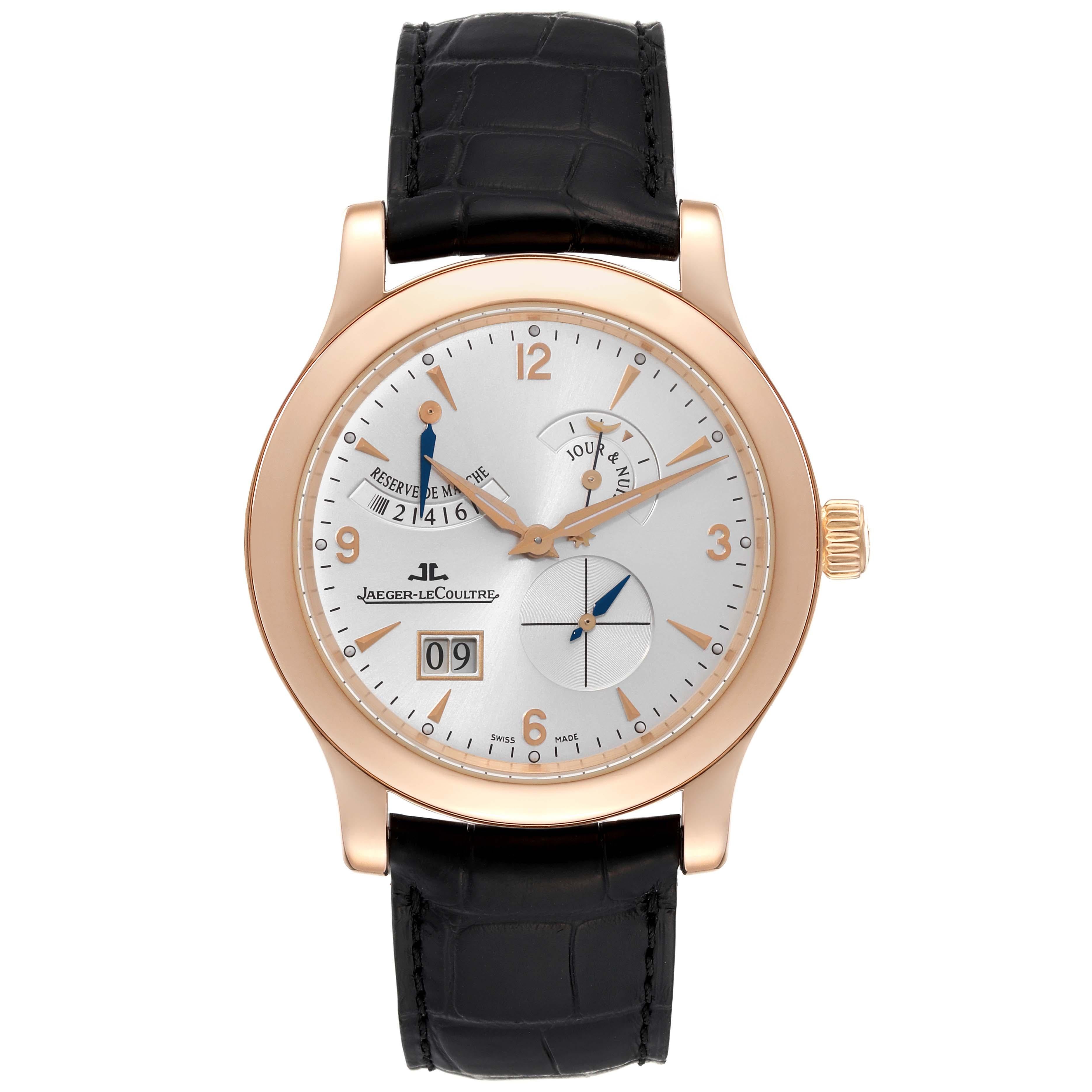 Jaeger Lecoultre Master Eight Days Rose Gold Watch 146.2.17.S Q1602420. Manual winding movement. 18K rose gold two-body case 41.5 mm in diameter. Concave and curved lugs. Transparent exhibition sapphire crystal caseback with 4 screws. 18K rose gold