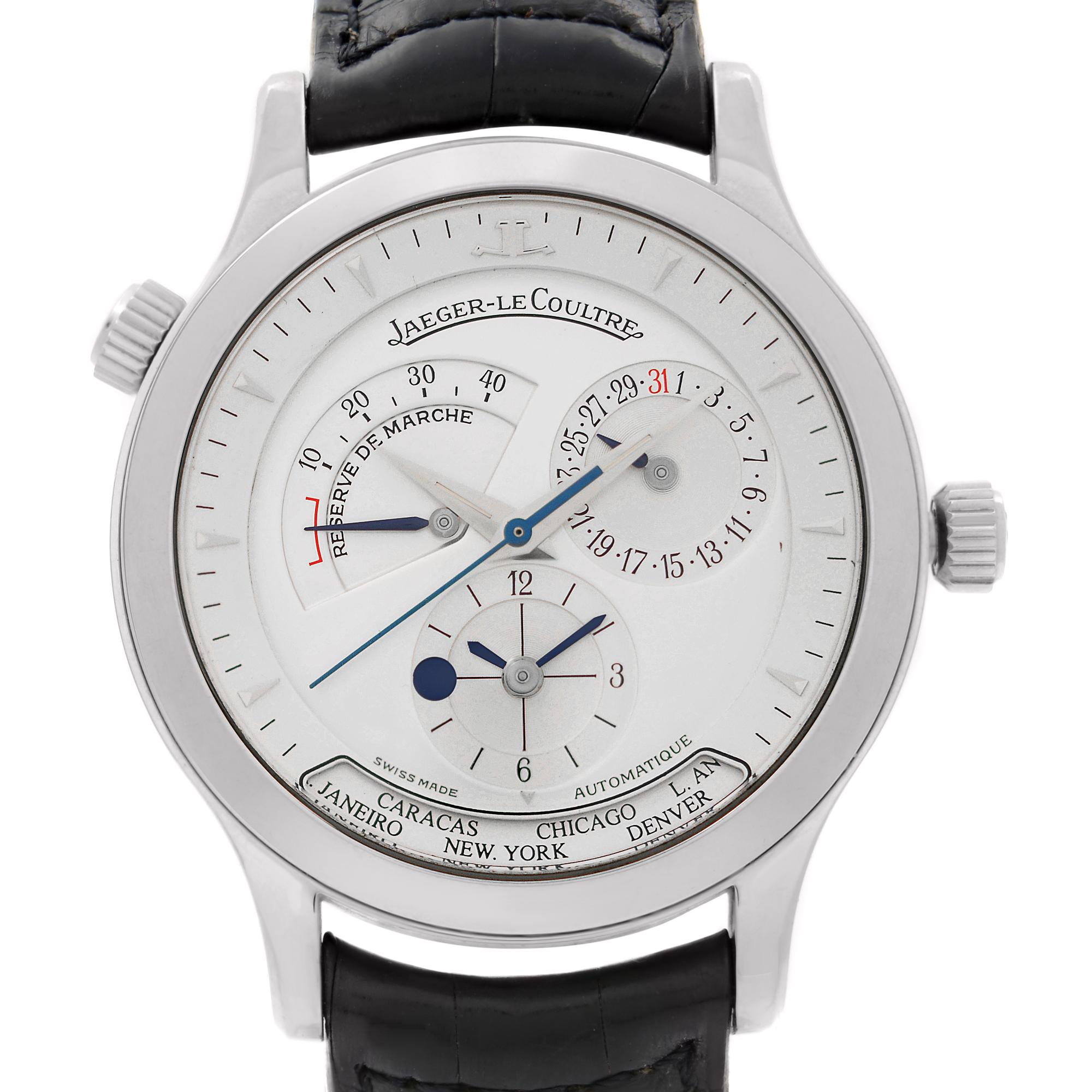 Pre-owned Jaeger-LeCoultre Master Geographic Automatic White Dial Men's Watch. Band Shows Minor Wear Signs on the inner sidee of the band.  No Original Box and Papers are Included. Comes with Chronostore Presentation Box and Authenticity Card.