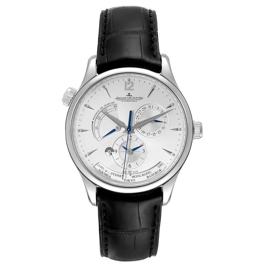 Jaeger-LeCoultre Master Geographic Herrenuhr 176.8.29.S Q1428421 Box Papiere. Automatisches Uhrwerk mit Automatikaufzug. Gehäuse aus Edelstahl mit einem Durchmesser von 39,0 mm. Gehäuseboden aus transparentem Saphirglas. Die Umschaltung zwischen den