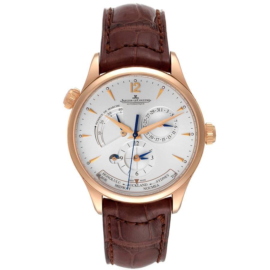 Jaeger Lecoultre Master Geographic Rose Gold Mens Watch 176.2.295 Q1422421. Self-winding automatic movement. 18k rose gold case 39.0 mm in diameter.Exhibition transparent sapphire crystal case back. Switching between the 24 city locations is via the