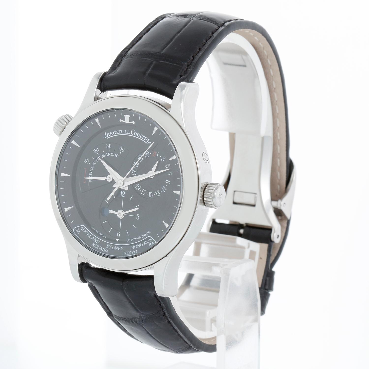 Jaeger-LeCoultre Master Geographic Stainless Steel Ref 142.8.92S Watch - Automatic. Stainless Steel case (38 mm). Dual time zone with reference cities, power reserve indicator, day / night indicator, date, display back. New Black Jaeger Le Coultre