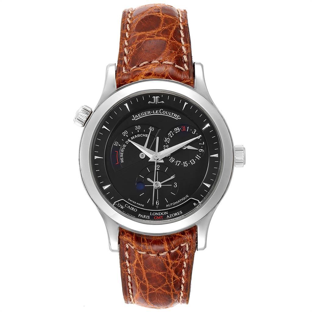 Jaeger Lecoultre Master Geographic Steel Mens Watch 142.8.92.S Q1428470. Self-winding automatic movement. Stainless steel case 39.0 mm in diameter. Switching between the 24 city locations is via the crown at the 10 o'clock position. Stainless steel