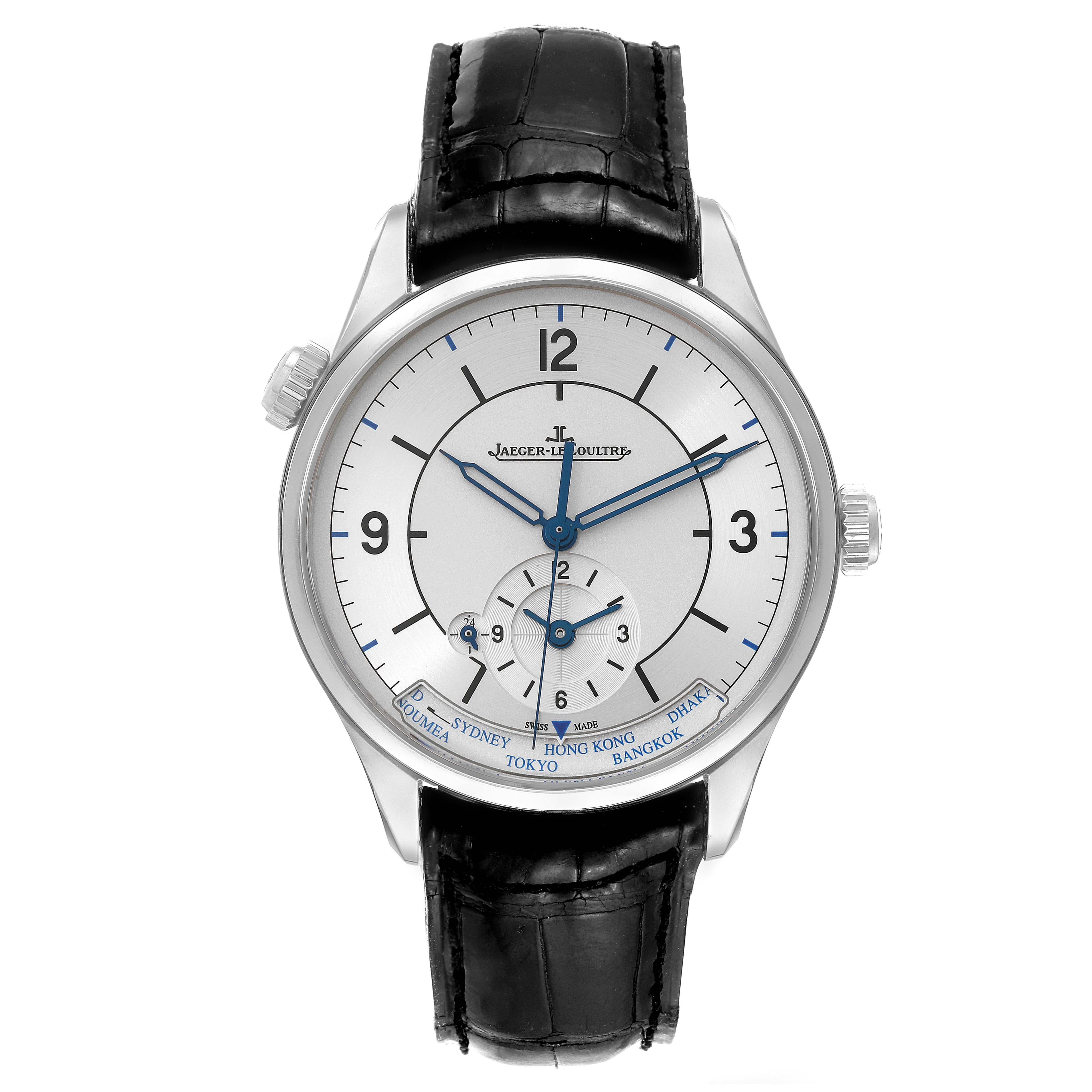 Jaeger LeCoultre Master Geographic Steel Mens Watch 176.8.92.S Q1428530 Box Card. Self-winding automatic movement. Stainless steel case 39.0 mm in diameter. Switching between the 24 city locations is via the crown at the 10 o'clock position.