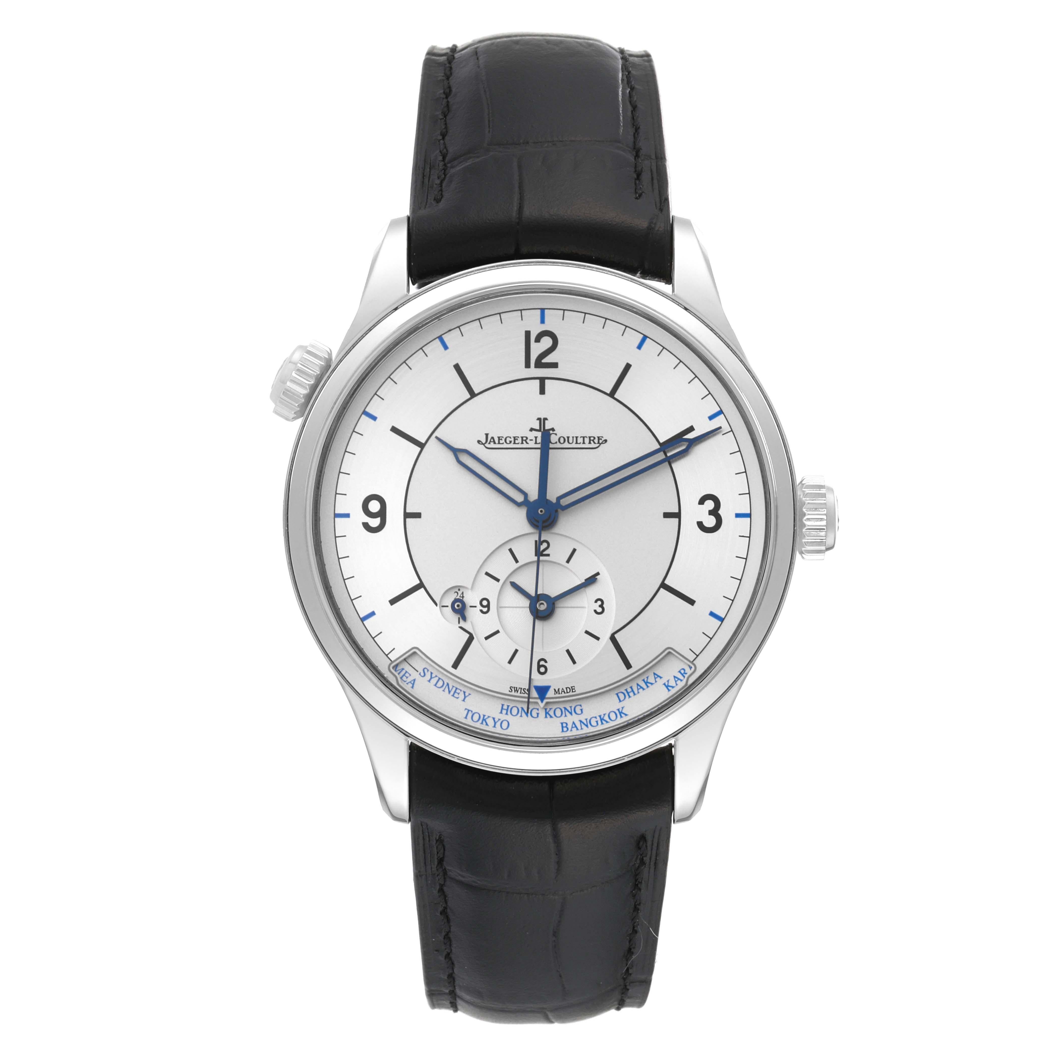 Jaeger LeCoultre Master Geographic Steel Mens Watch 176.8.92.S Q1428530. Self-winding automatic movement. Stainless steel case 39.0 mm in diameter. Switching between the 24 city locations is via the crown at the 10 o'clock position. Exhibition