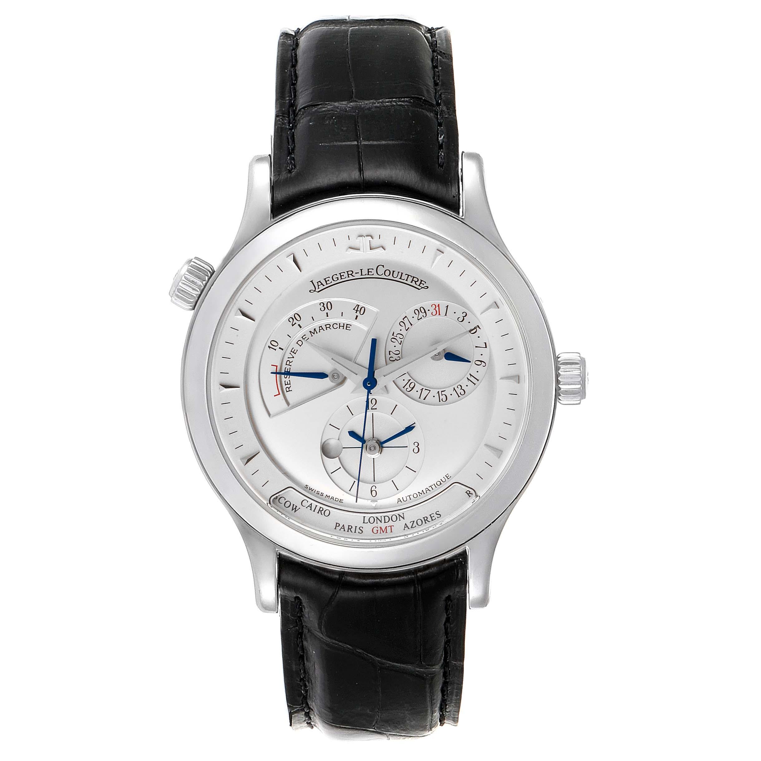 Jaeger Lecoultre Master Geographic Watch 142.8.92.S Q1428420 Box Papers. Self-winding automatic movement. Stainless steel case 39.0 mm in diameter. Switching between the 24 city locations is via the crown at the 10 o'clock position. Stainless steel
