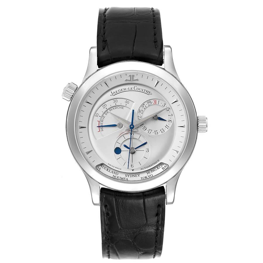Jaeger Lecoultre Master Geographic Watch 142.8.92.S Q1428420 Box Papers. Self-winding automatic movement. Stainless steel case 38.0 mm in diameter. Switching between the 24 city locations is via the crown at the 10 o'clock position. Stainless steel