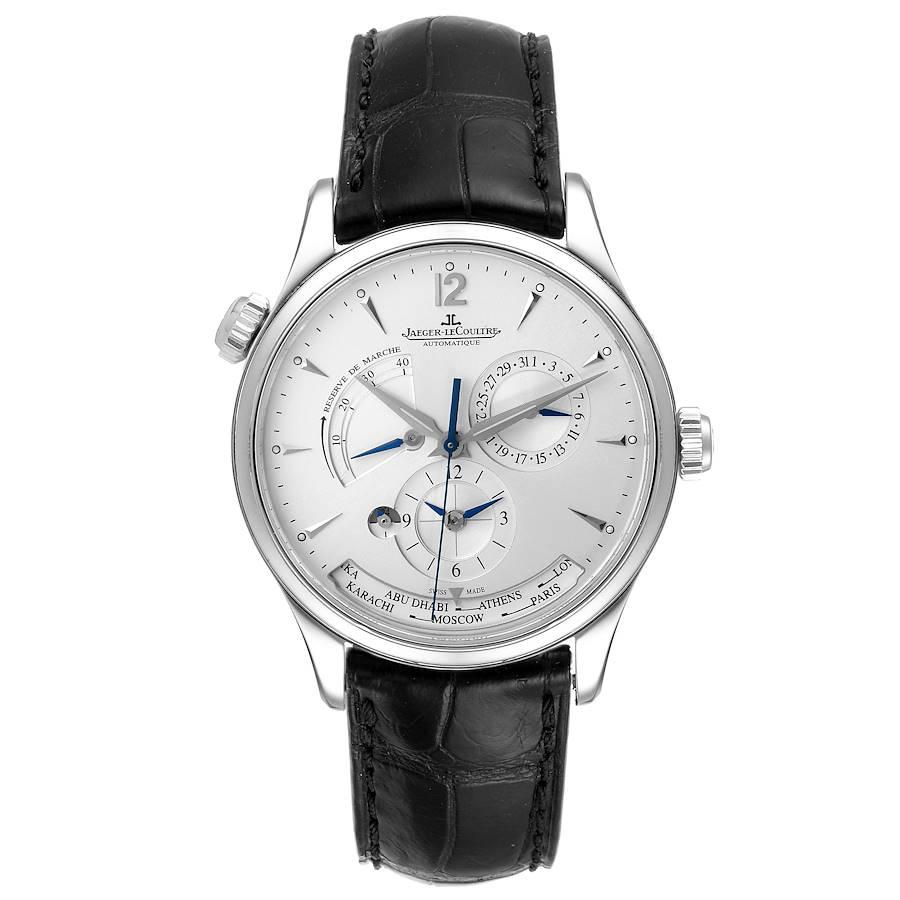 Jaeger Lecoultre Master Geographic Watch 176.8.29.S Q1428421 Box Papers. Self-winding automatic movement. Stainless steel case 39.0 mm in diameter.Exhibition transparent sapphire crystal case back. Switching between the 24 city locations is via the