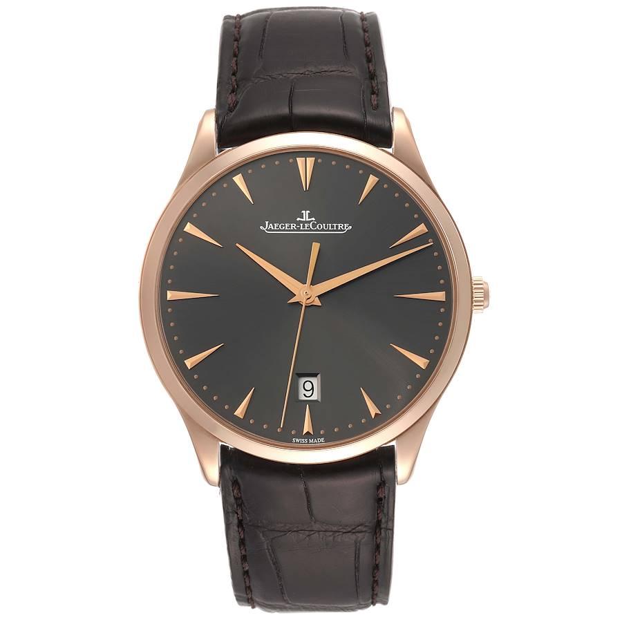 Jaeger Lecoultre Master Grande Ultra Thin Rose Gold Mens Watch 174.2.37.S. Automatic self-winding movement. 18k rose gold ultra-thin round case 40.0 mm in diameter. Curved lugs. Exhibition caseback secured by four screws. 18k rose gold smooth bezel.