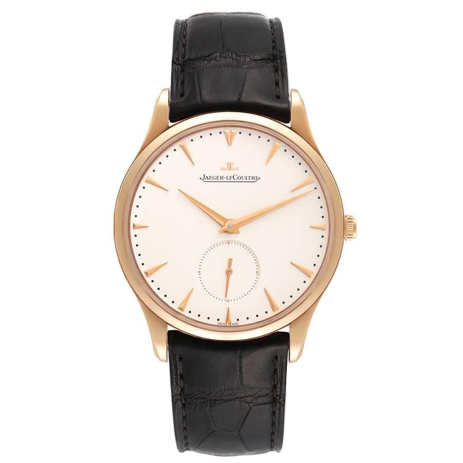 Jaeger Lecoultre Master Grande Ultra Thin Rose Gold Mens Watch Q1352520. Automatic self-winding movement. 18k rose gold ultra-thin round case 40.0 mm in diameter. Curved lugs. Exhibition caseback secured by four screws. 18k rose gold smooth bezel.