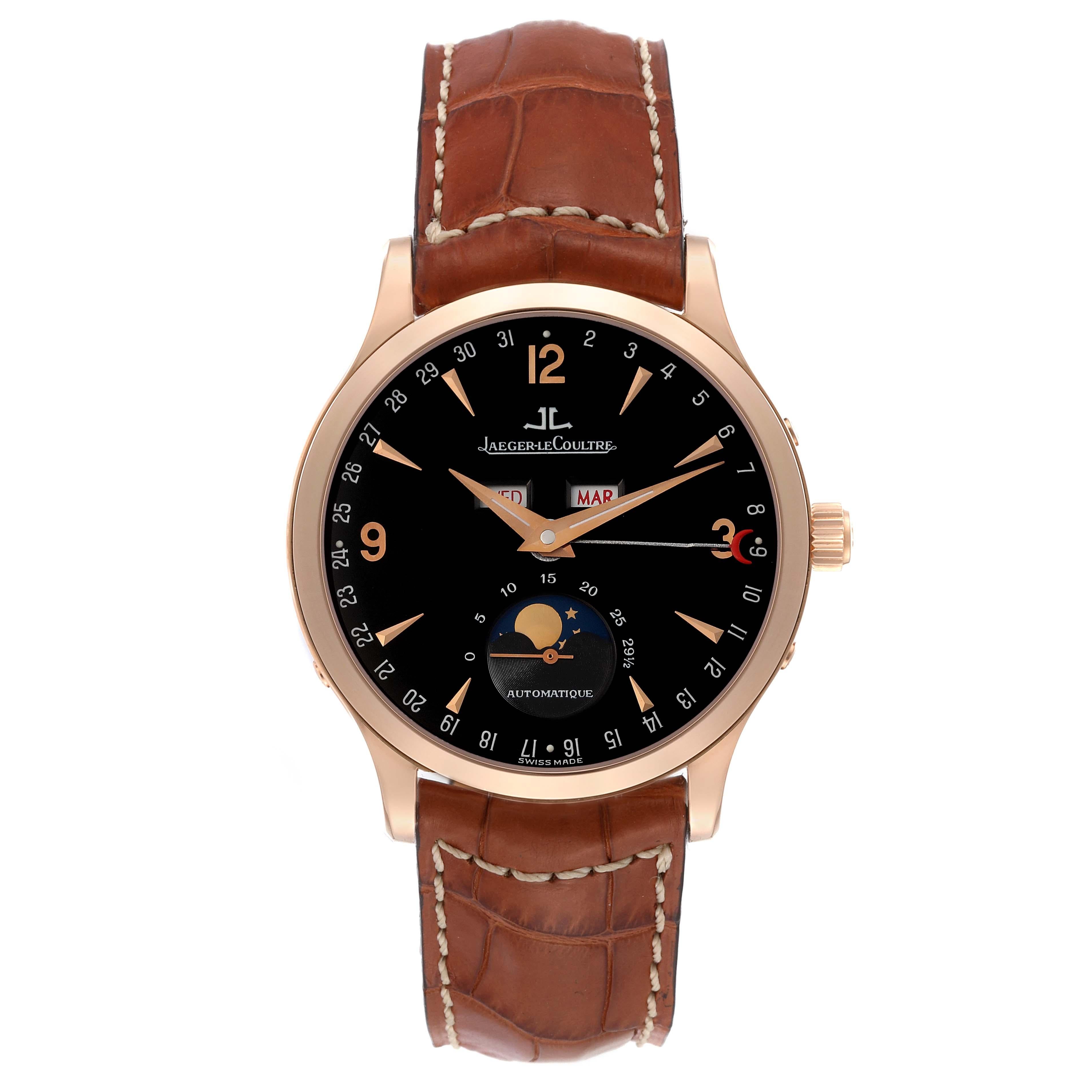 Jaeger Lecoultre Master Moonphase Rose Gold Mens Watch 140.2.98.S Box Papers. Self-winding automatic movement. 18K rose gold case 37.0 mm in diameter. Case thickness: 10.1 mm. Concave lugs. Transparent exhibition sapphire crystal caseback. 18k rose