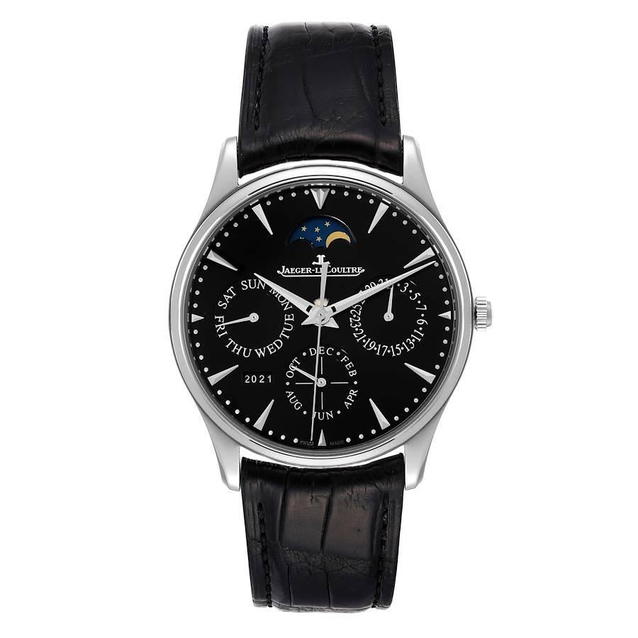 Jaeger LeCoultre Master Perpetual Calendar Mens Watch Q1308470 176.8.21.S. Self-winding automatic movement. Stainless steel case 39.2 mm in diameter. Concave lugs. Stainless steel smooth bezel. Scratch resistant sapphire crystal. Black dial with