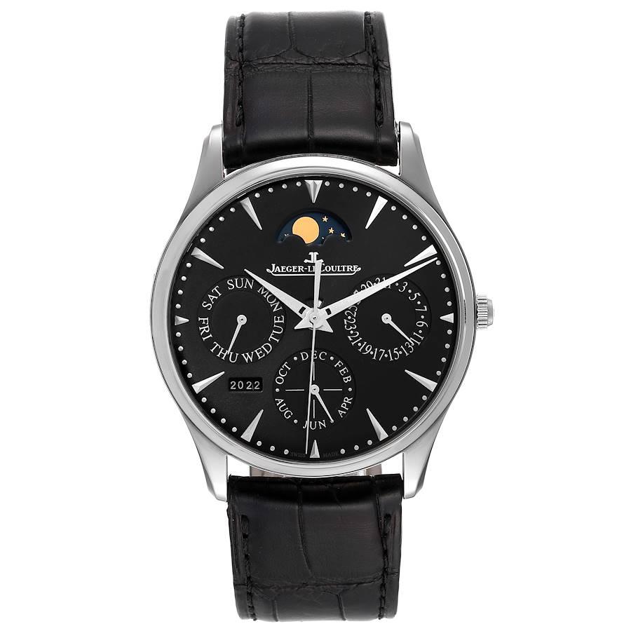 Jaeger LeCoultre Master Perpetual Calendar Steel Watch Q1308470 176.8.21.S Box Papers. Self-winding automatic movement. Stainless steel case 39.0 mm in diameter. Concave lugs. Stainless steel smooth bezel. Scratch resistant sapphire crystal. Black