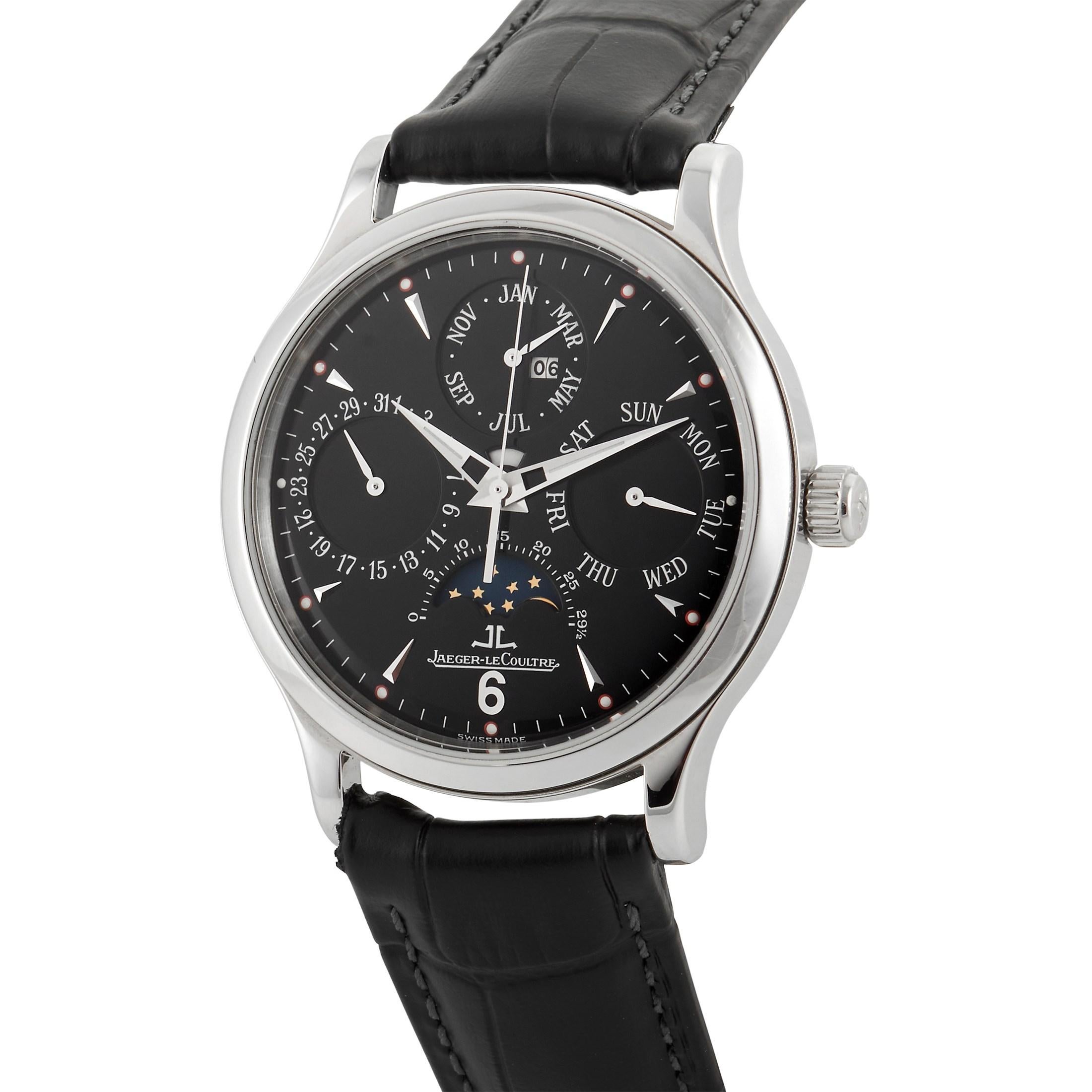 The Jaeger-LeCoultre Master Perpetual Watch, reference number 149847A, upholds the storied brand’s commitment to quality and craftsmanship.

Unique and sophisticated, this watch pairs a 37mm case made from stainless steel with a black crocodile