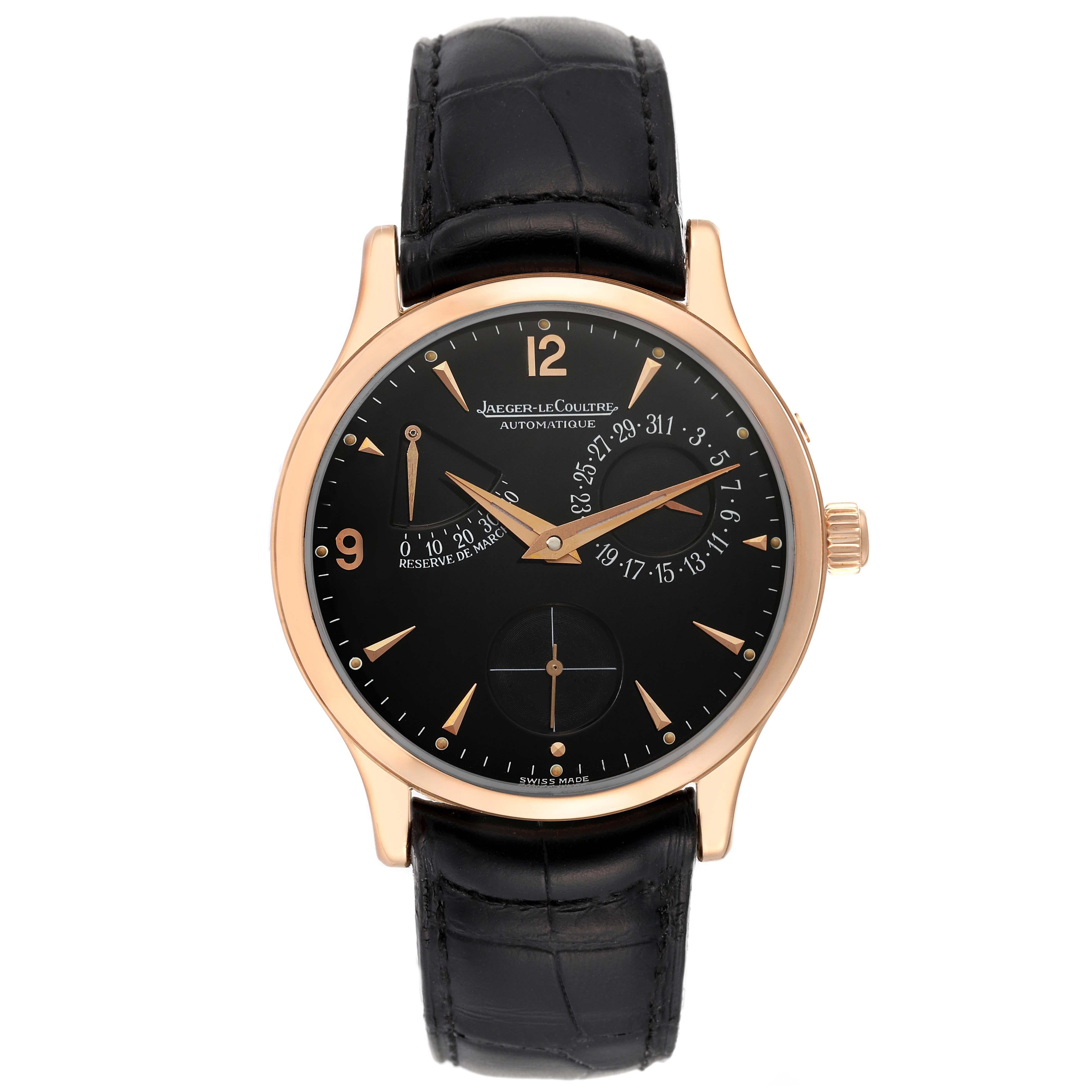 Jaeger LeCoultre Master Reserve De Marche Rose Gold Mens Watch  Box Papers. Self-winding automatic movement. Caliber 928/2, rhodium plated fausses-c?tes decoration, 45 jewels, straight line.lever escapement, monometallic balance adjusted