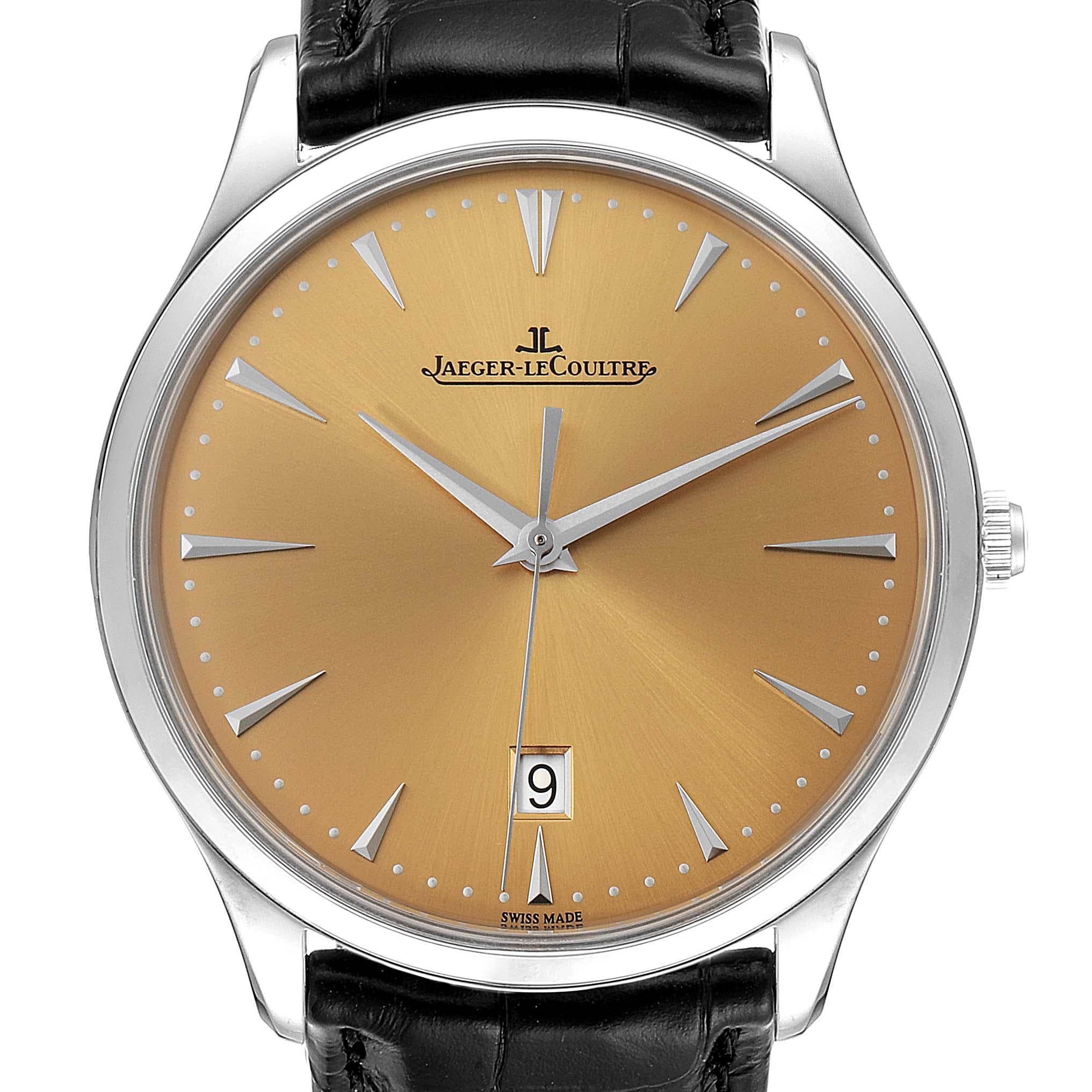 Jaeger Lecoultre Master Ultra Thin Mens Watch 174.8.37.s Q1288430 Unworn. Automatic self-winding movement. Stainless steel ultra-thin round case 40.0 mm in diameter. Curved lugs. Exhibition transparent sapphire crystal caseback secured by four
