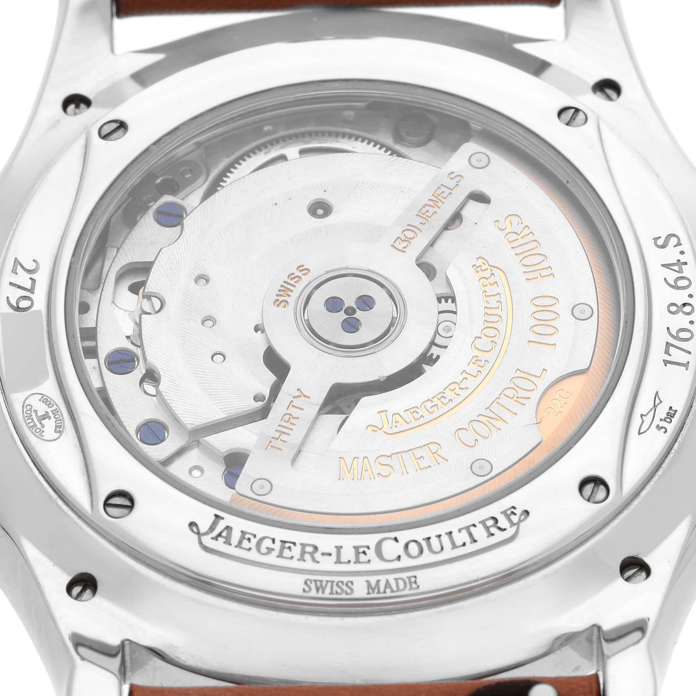 Jaeger Lecoultre Master Ultra Thin Moon Mens Watch 176.8.64.S Q1368420 Box Papers. Automatic self-winding movement. Stainless steel ultra-thin round case 39.0 mm in diameter and 10.0 mm thick. Transparent exhibition sapphire crystal caseback secured