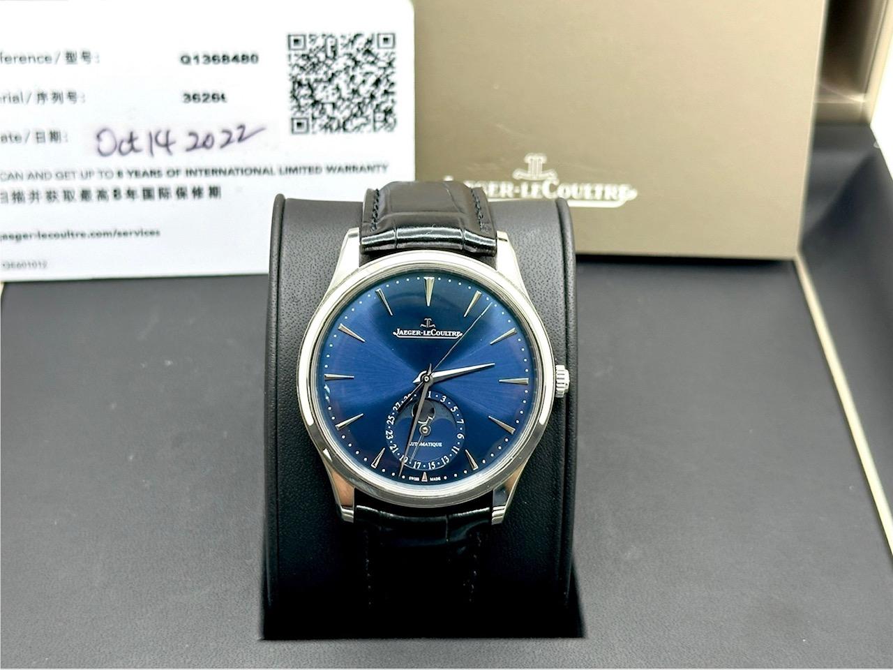Jaeger-Lecoultre Master Ultra Thin Moon Q1368480 Blue Dial Stainless Box Papers In Excellent Condition For Sale In San Diego, CA