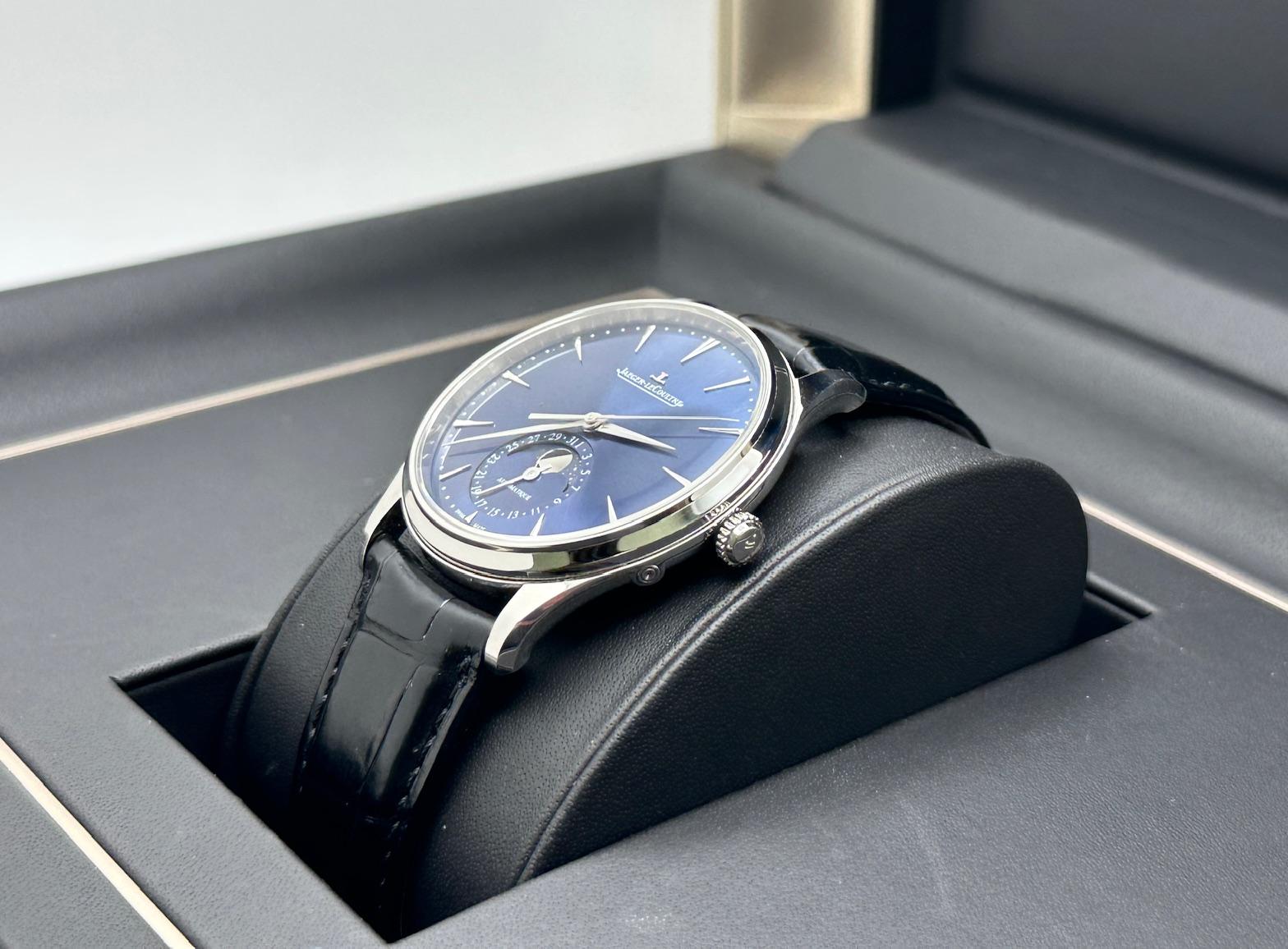 Men's Jaeger-Lecoultre Master Ultra Thin Moon Q1368480 Blue Dial Stainless Box Papers For Sale