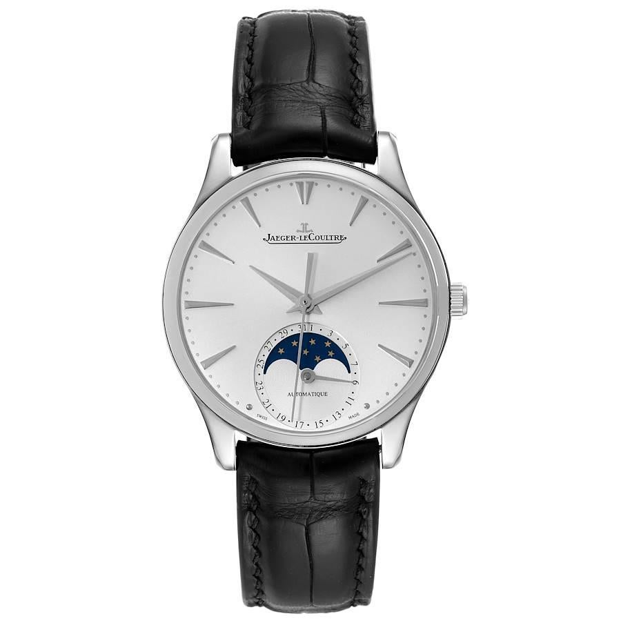 Jaeger Lecoultre Master Ultra Thin Moon Watch 145.8.64.S Q1258420 Box Papers. Automatic self-winding movement. Stainless steel ultra-thin round case 34.0 mm in diameter. Curved lugs. Exhibition caseback secured by four screws. Stainless steel smooth