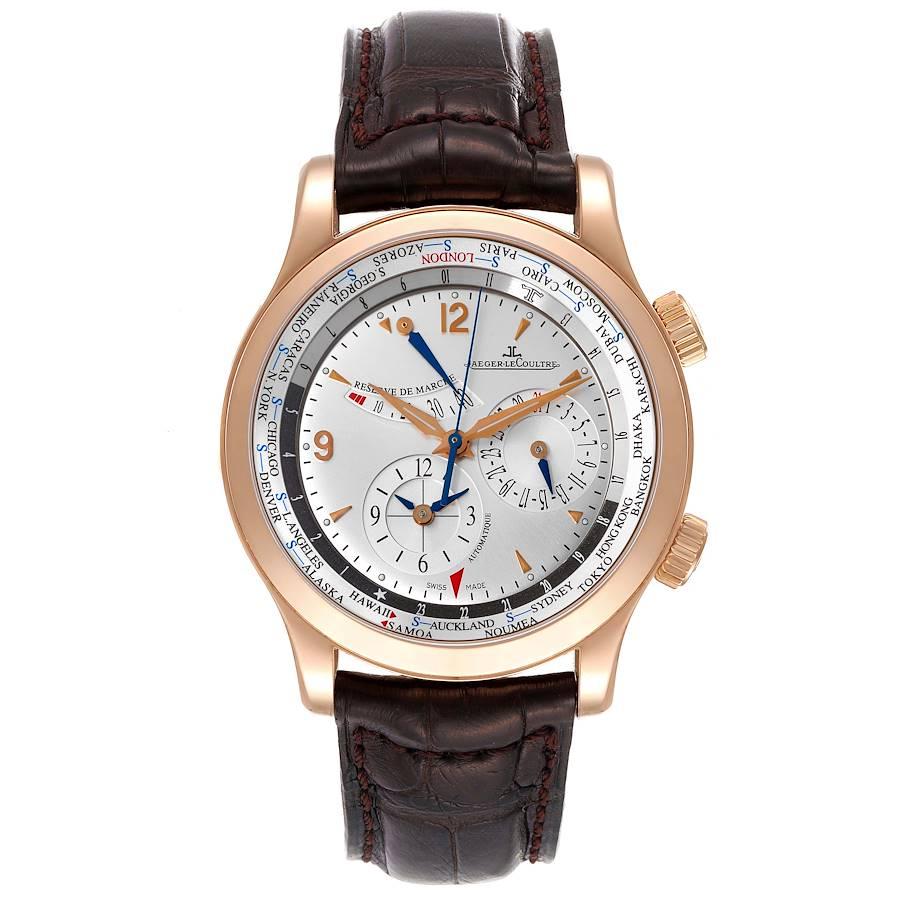 Jaeger Lecoultre Master World Geographic Rose Gold Watch 146.2.32.S Q1522420. Self-winding automatic movement. Rhodium-plated, fausses cotes decoration, straight line lever escapement, monometallic balance, shock absorber, self-compensating flat