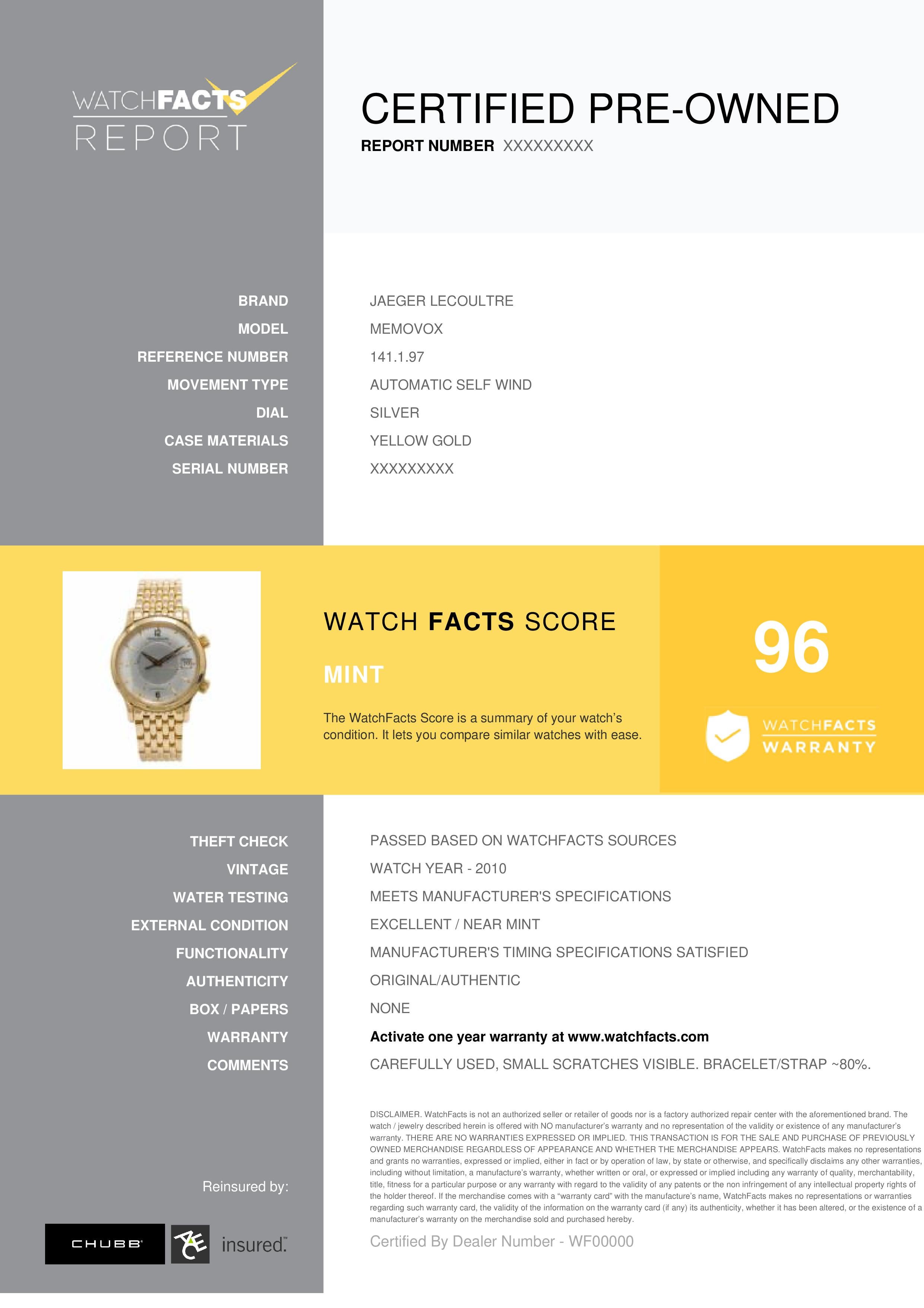 Jaeger LeCoultre Memovox Reference #: 141.1.97. Mens Automatic Self Wind Watch Yellow Gold Silver 38 MM. Verified and Certified by WatchFacts. 1 year warranty offered by WatchFacts.
