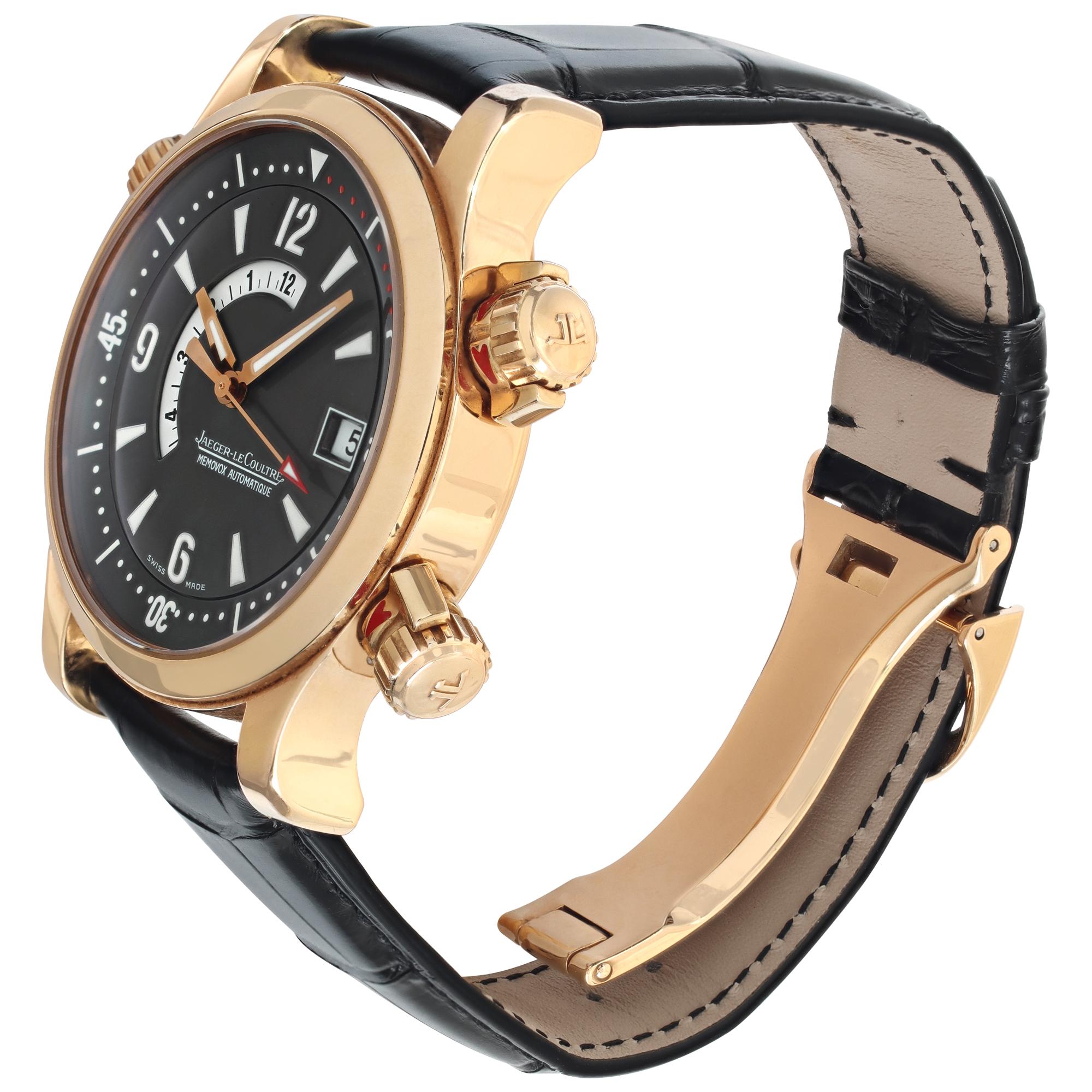 Jaeger LeCoultre Master Compressor Memovox in 18k rose gold on a black alligator strap with an 18k rose gold JLC deployant buckle. Auto w/ sweep seconds, date and alarm. 41 mm case size. Ref 146.2.97/1. Fine Pre-owned Jaeger LeCoultre Watch.

