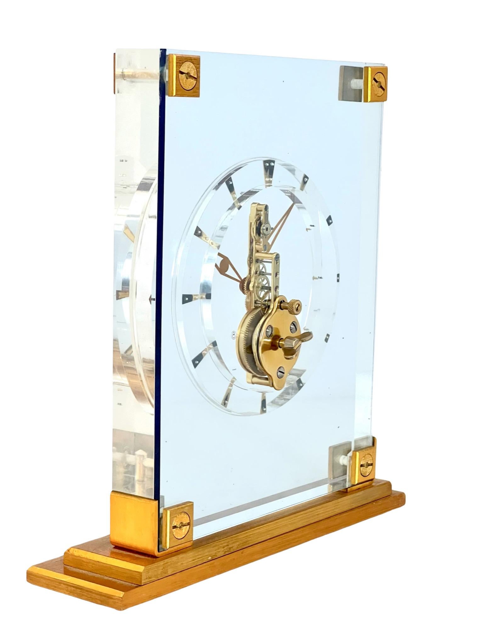 Swiss Jaeger-LeCoultre Mid Century Blue Lucite and Brass Skeleton Clock For Sale