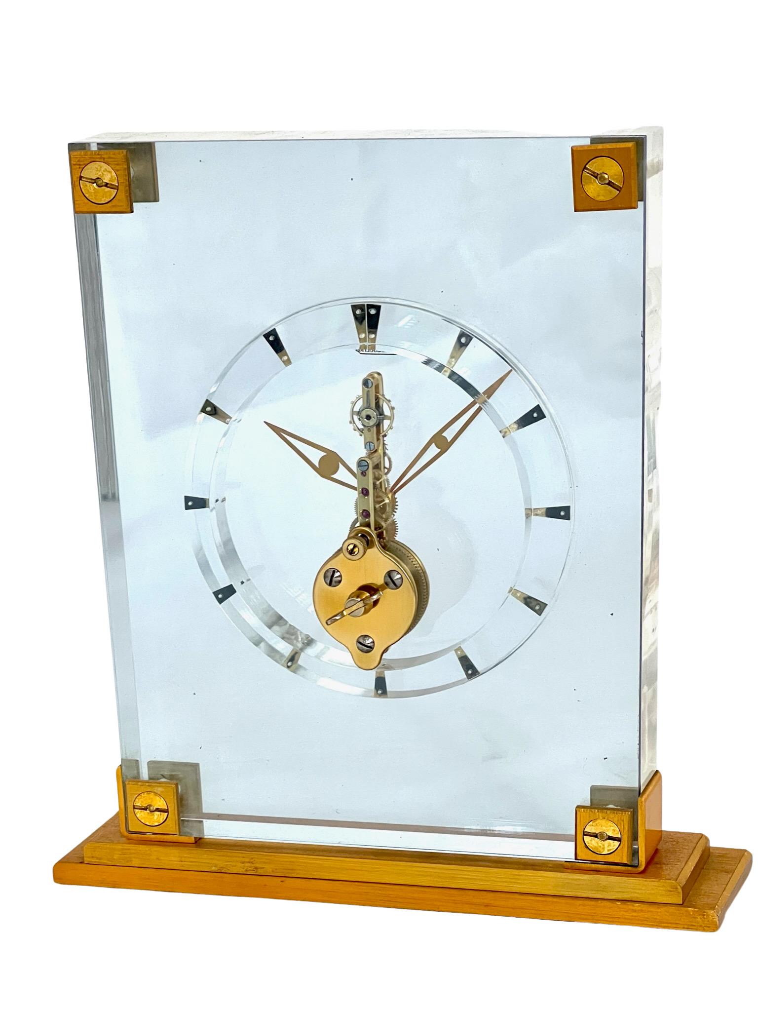 Gilt Jaeger-LeCoultre Mid Century Blue Lucite and Brass Skeleton Clock For Sale