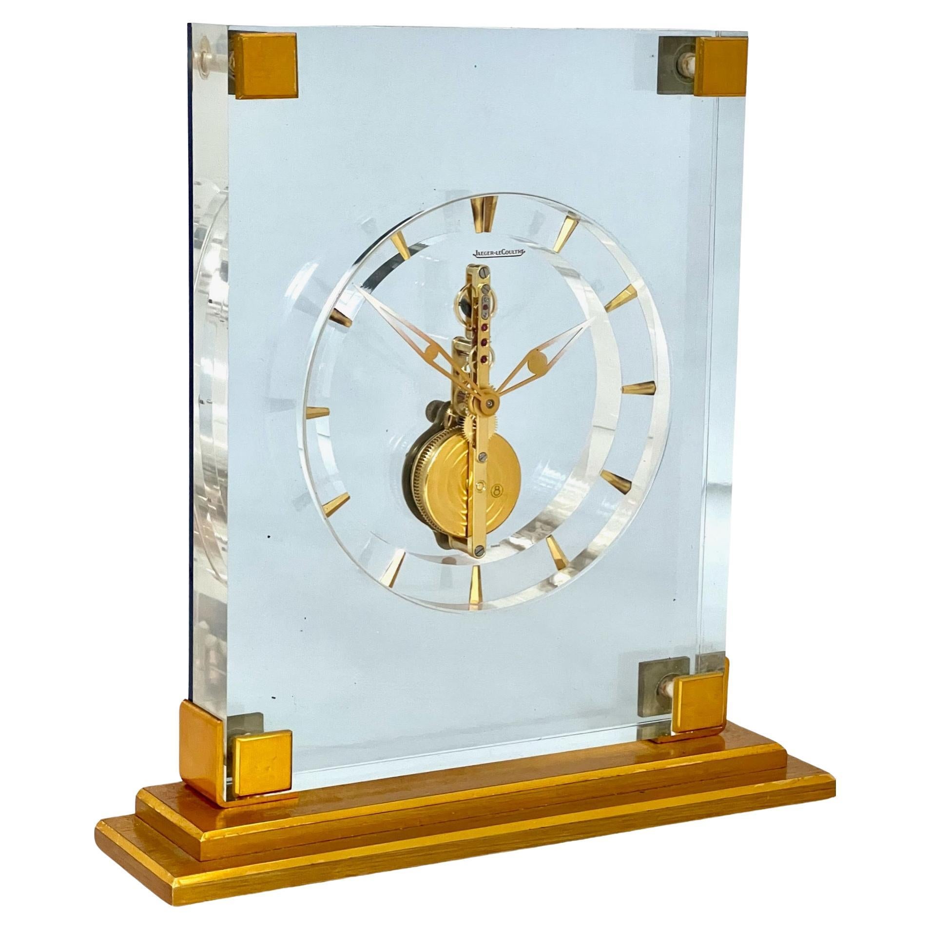 Jaeger-LeCoultre Mid Century Blue Lucite and Brass Skeleton Clock For Sale