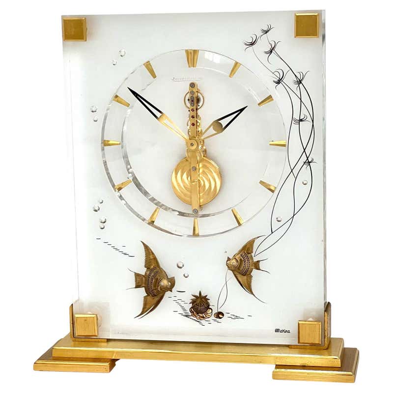 Art Deco Jaeger LeCoultre Gilt Brass and Black Glass Eight Day Mantel ...