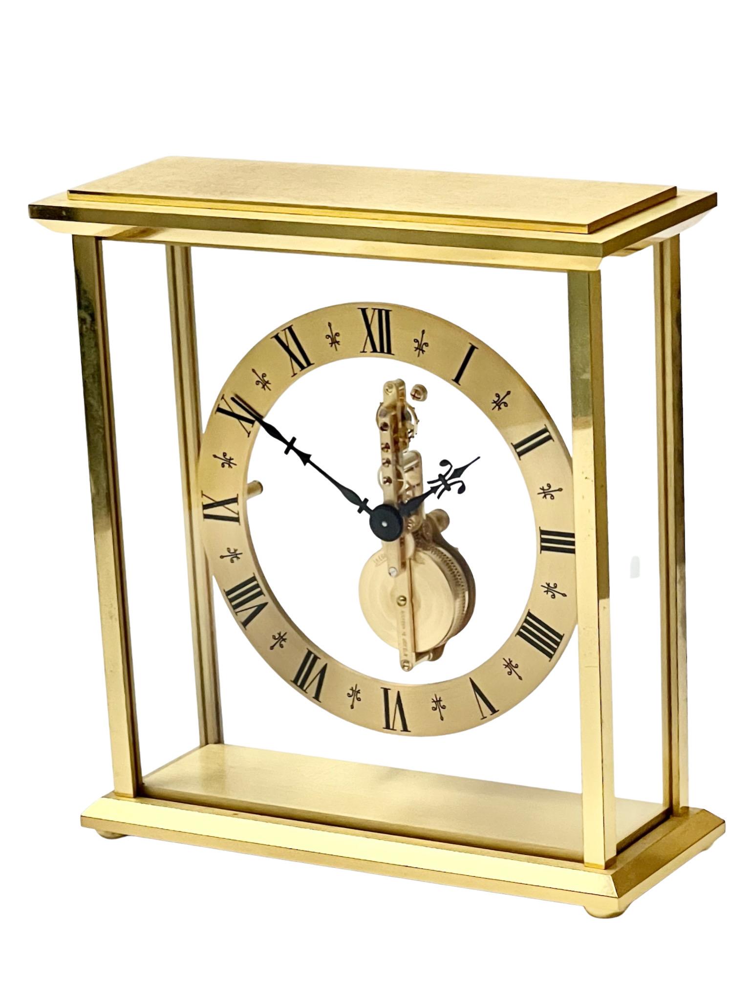 Mid-Century Modern Jaeger LeCoultre Mid Century Brass and Glass Skeleton Clock No. 508 For Sale