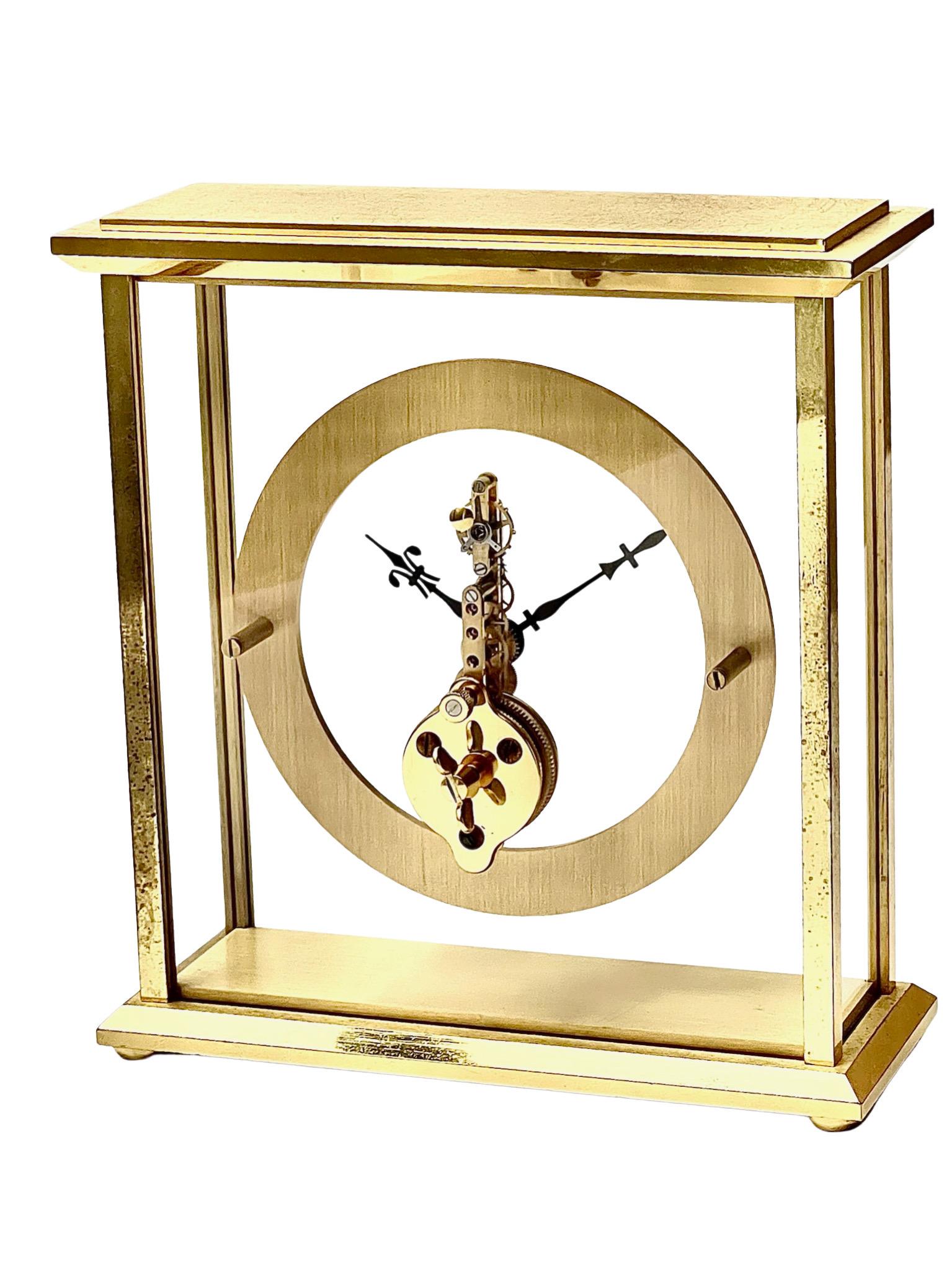 Gilt Jaeger LeCoultre Mid Century Brass and Glass Skeleton Clock No. 508 For Sale