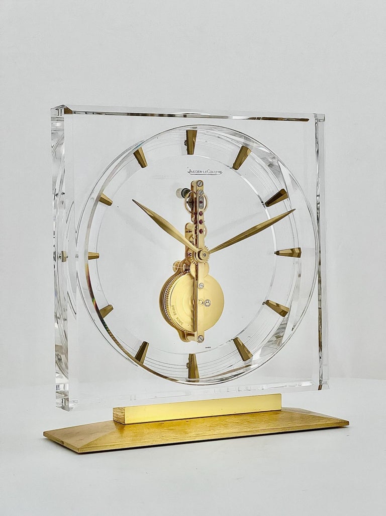 JaegerLeCoultre Mid Century Brass and Lucite Inline Skeleton Clock No